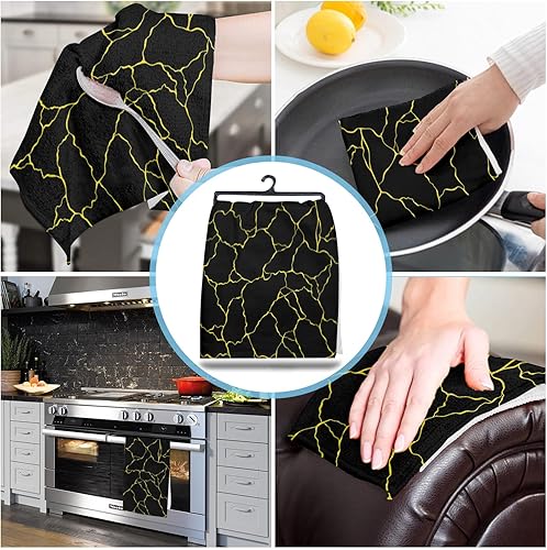 Miniatura 4 de Image Duvet 2 Pack Cotton Kitchen Dish Cloths Towels, Black Gold Lines Geometric 18 x28 Inch Soft Absorbent Kitchen Decoration Hand Towels for