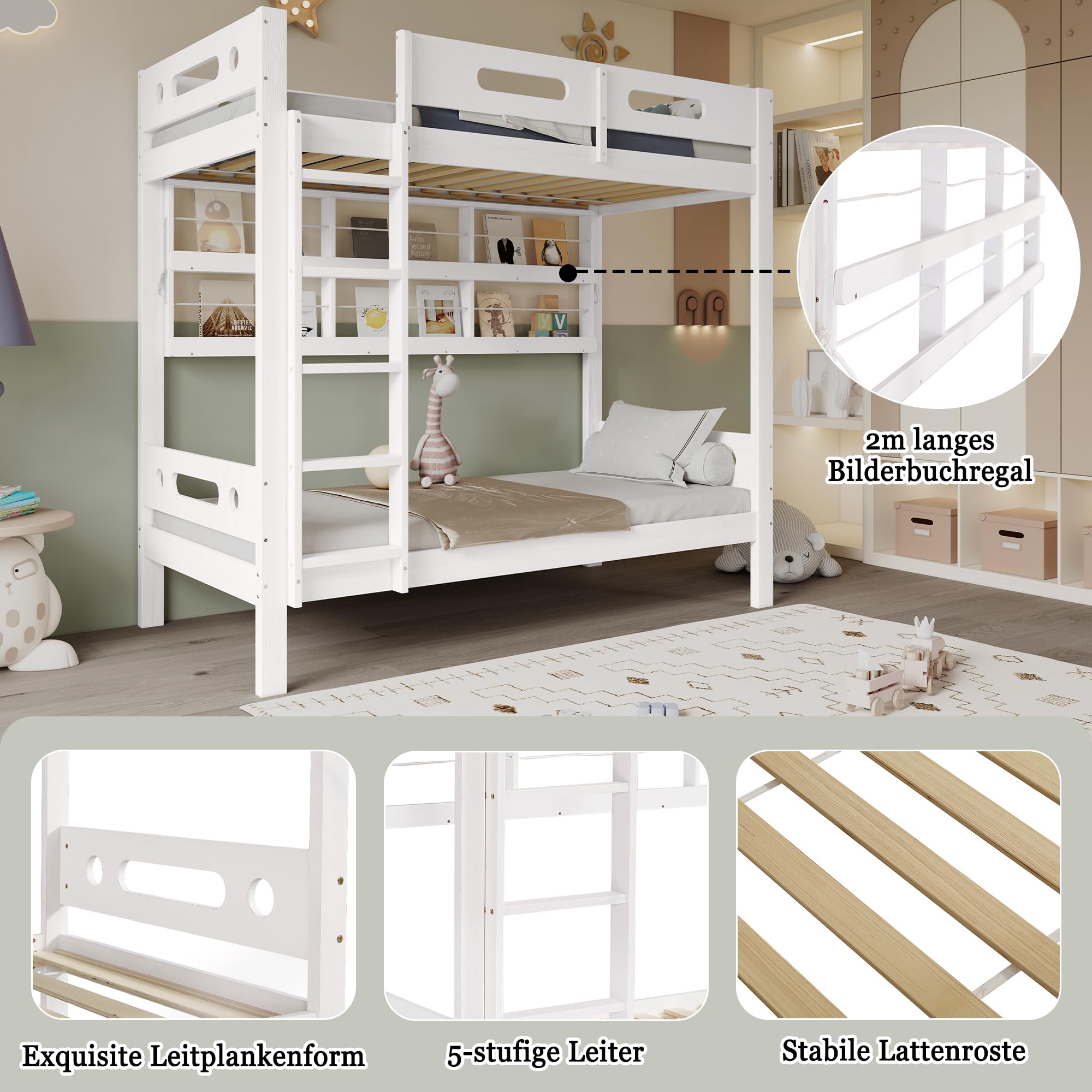 Azkoeesy Letto a castello con libreria per ragazzi e adulti, colore bianco, 90x200 cm - con sponda e doghe - legno di pino - portata massima 120 kg