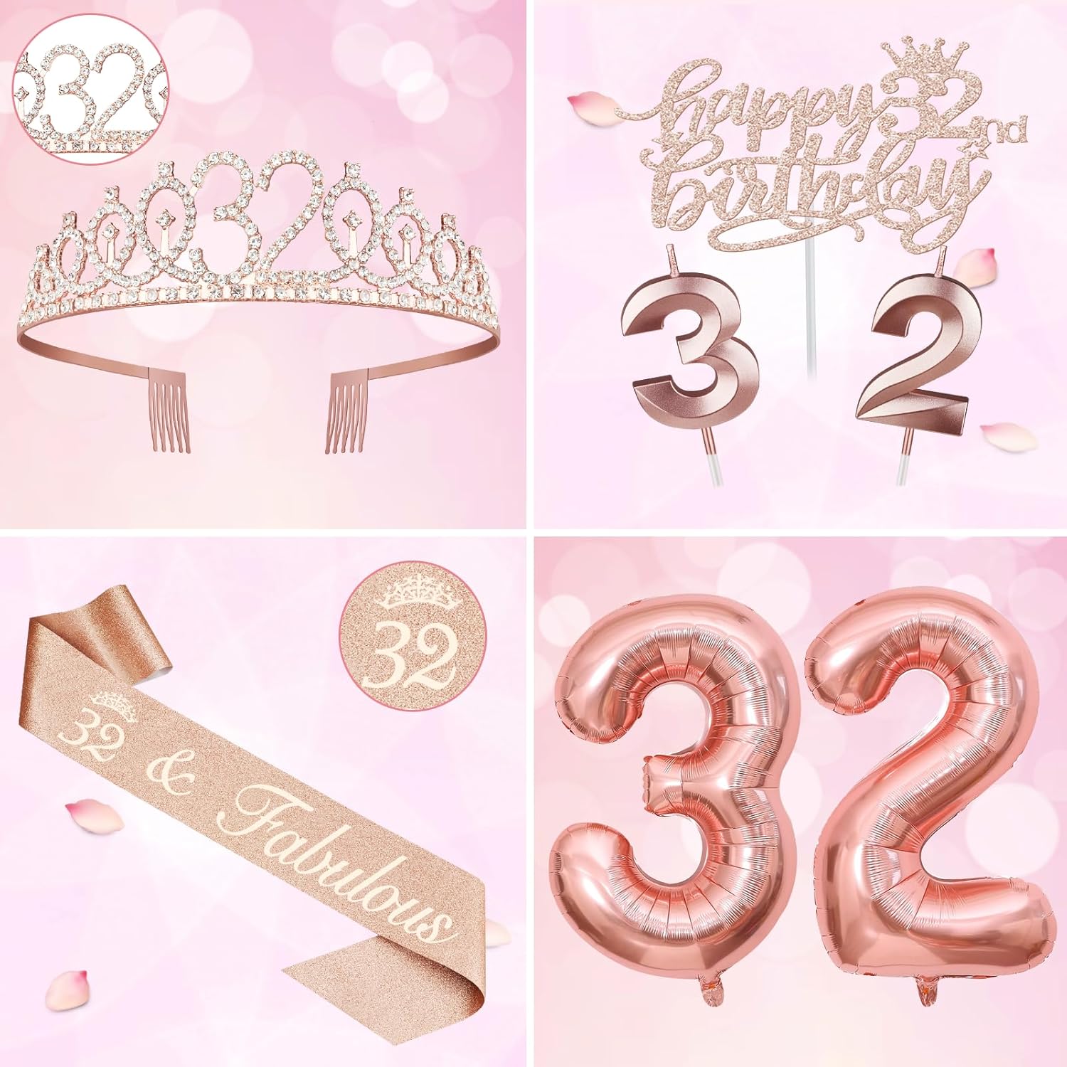 32 Birthday Decorations for Women, Including 32nd Birthday Sash and Tiara, Cake Topper and Candles, Number Balloons, 32 Year Old Gifts for Women - Image 3