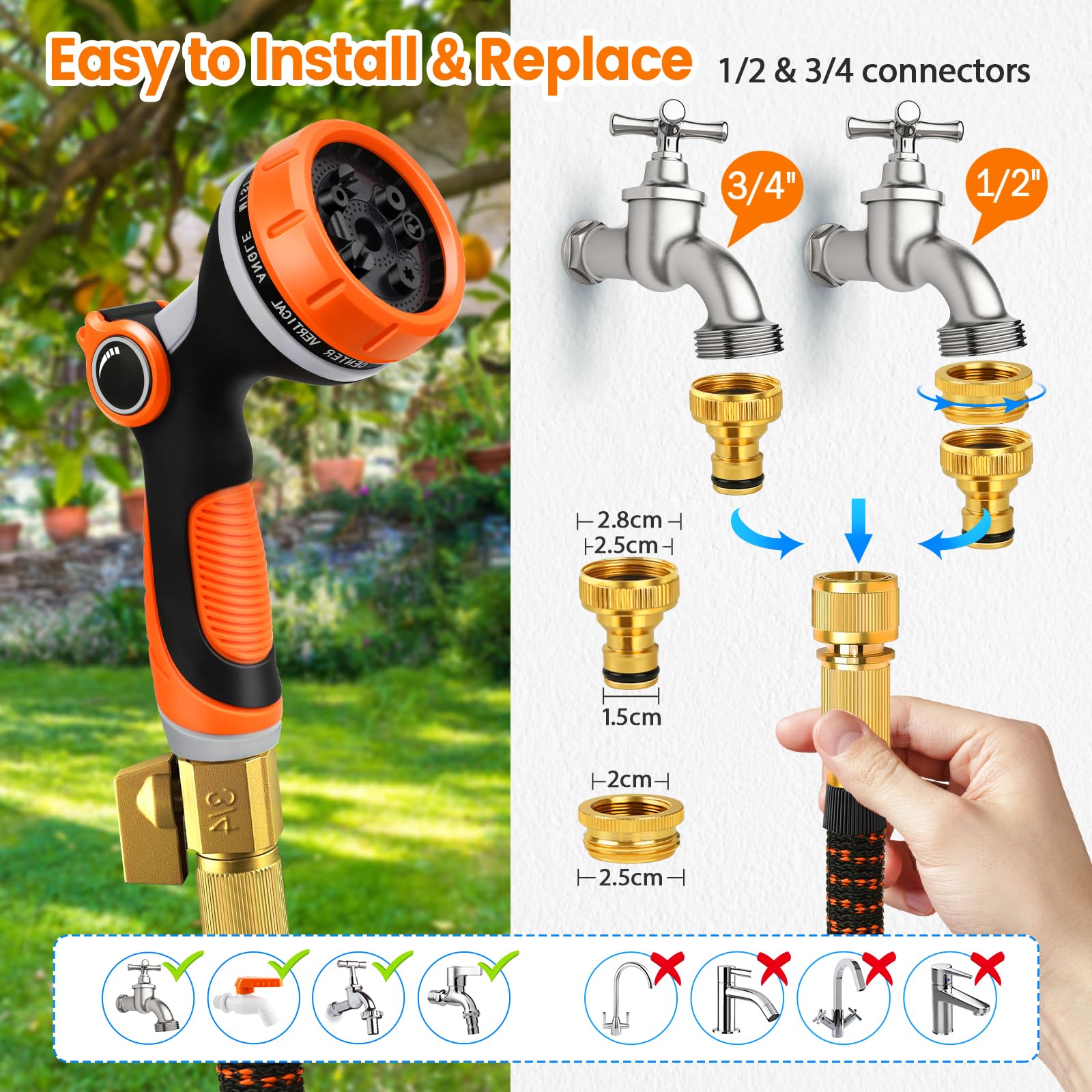 Tubo da giardino Espandibile da 15M/50FT, per acqua leggero con ugello a 10 funzioni, tubo flessibile espandibile leggero durevole con ugello da 1/2 e 3/4 pollici,per irrigazione del giardino (100FT