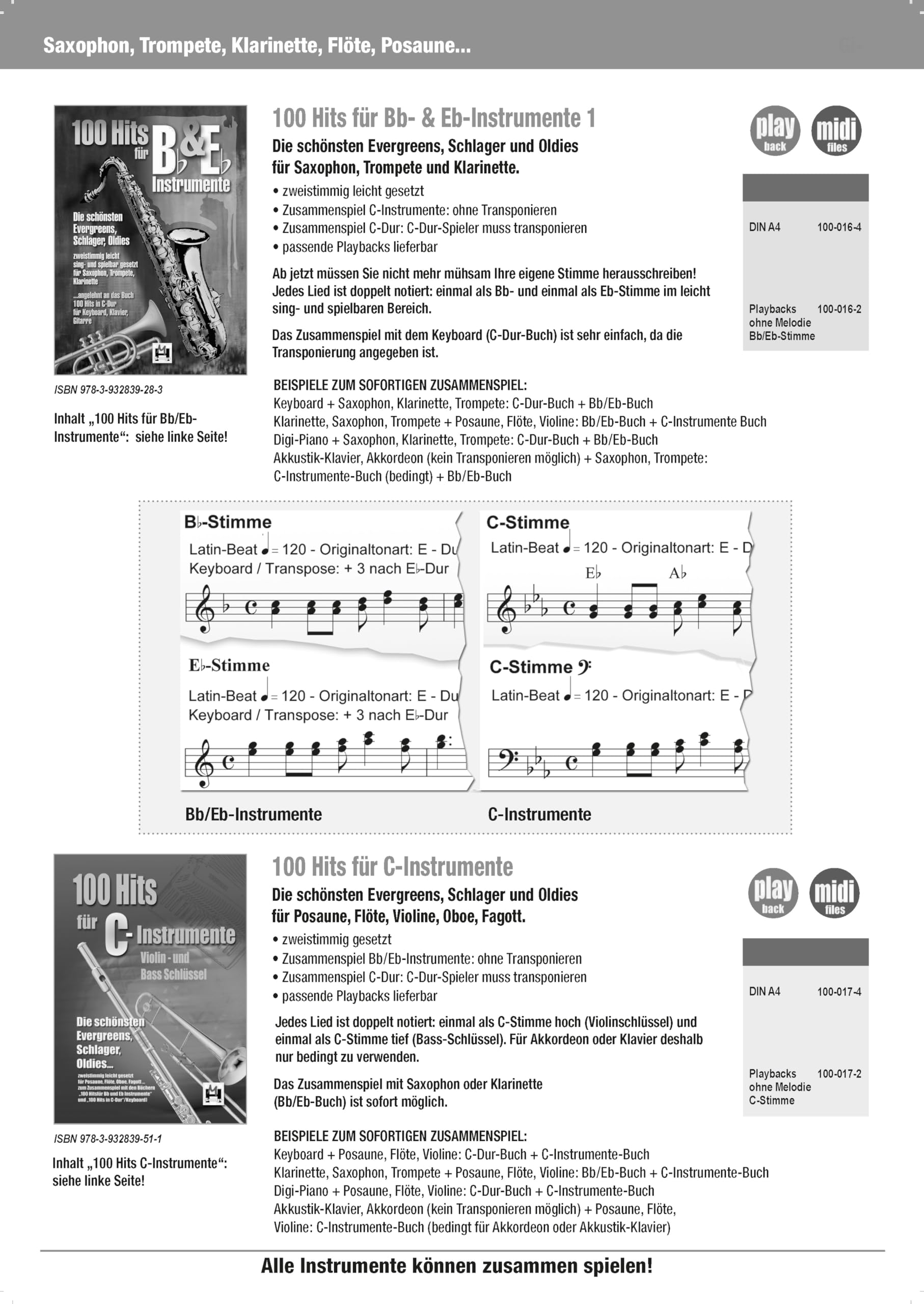 100 Hits für Bb- und Eb-Instrumente | Songbook mit Noten Melodie für Saxophon, Trompete, Klarinette | Zwei-stimmige einfache Arrangements mit Text | ... angelehnt an das Buch ‚100 Hits in C-Dur’