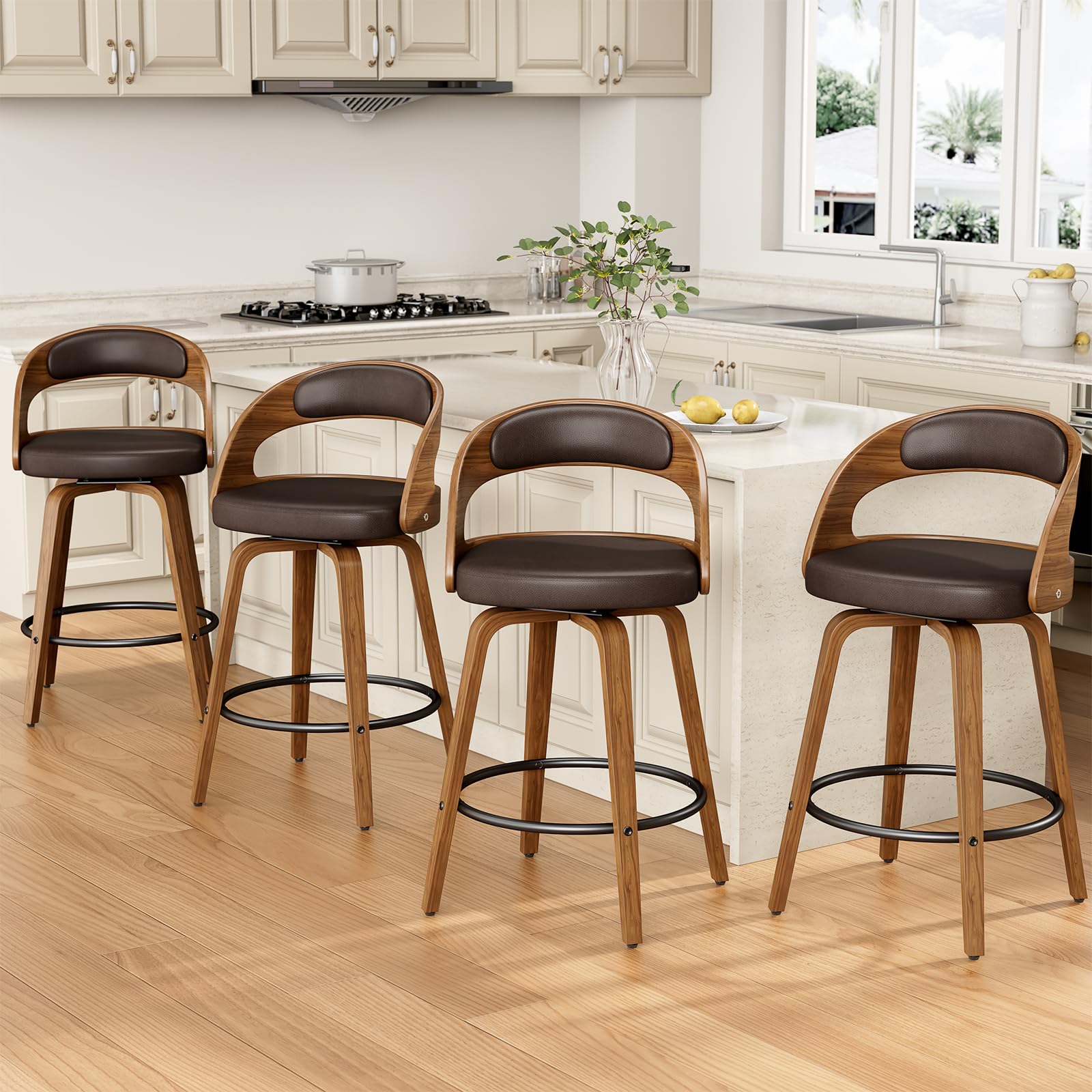 REONEY Swivel Bar Stools Set of 4, 26" Counter Height Bentwood Barstool, Mid-Century Modern PU Leather Upholstered Bar Chair with Back and Footrest,