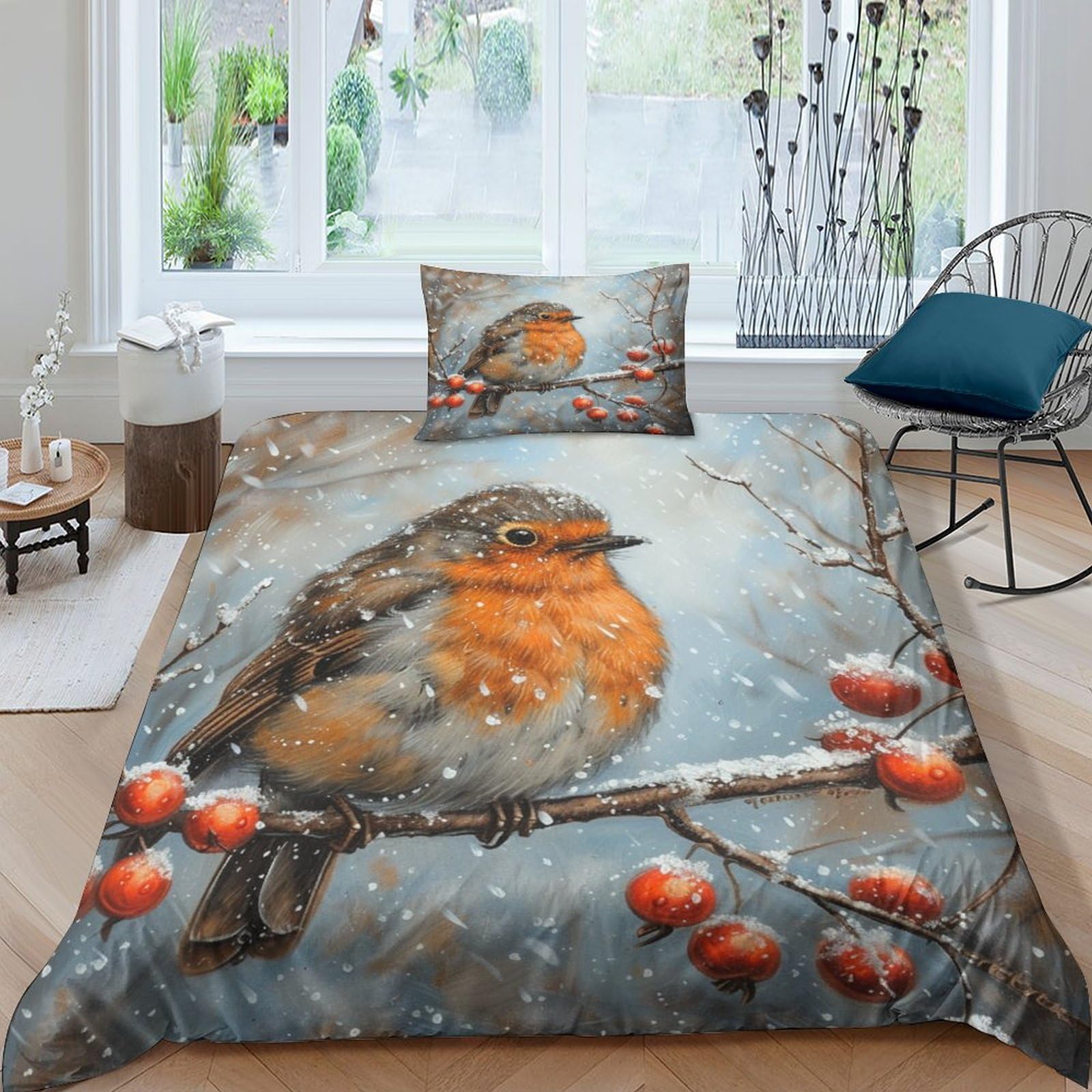 OPANZYYDE Robin Duvet Cover 3 PCS Hotel Quality Quilt Cover Bedding Set Bed Covers with Pillowcases with Zipper Closure Ultra Soft Anti Allergic Microfiber Single（135x200cm）