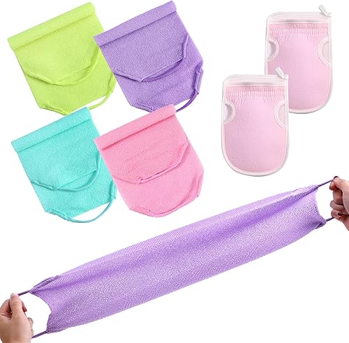 Miniatura 4 de Juego de 6 piezas de exfoliante para la espalda con asas, limpiador corporal de longitud extendida, 4 limpiadores de espalda y 2 guantes de baño