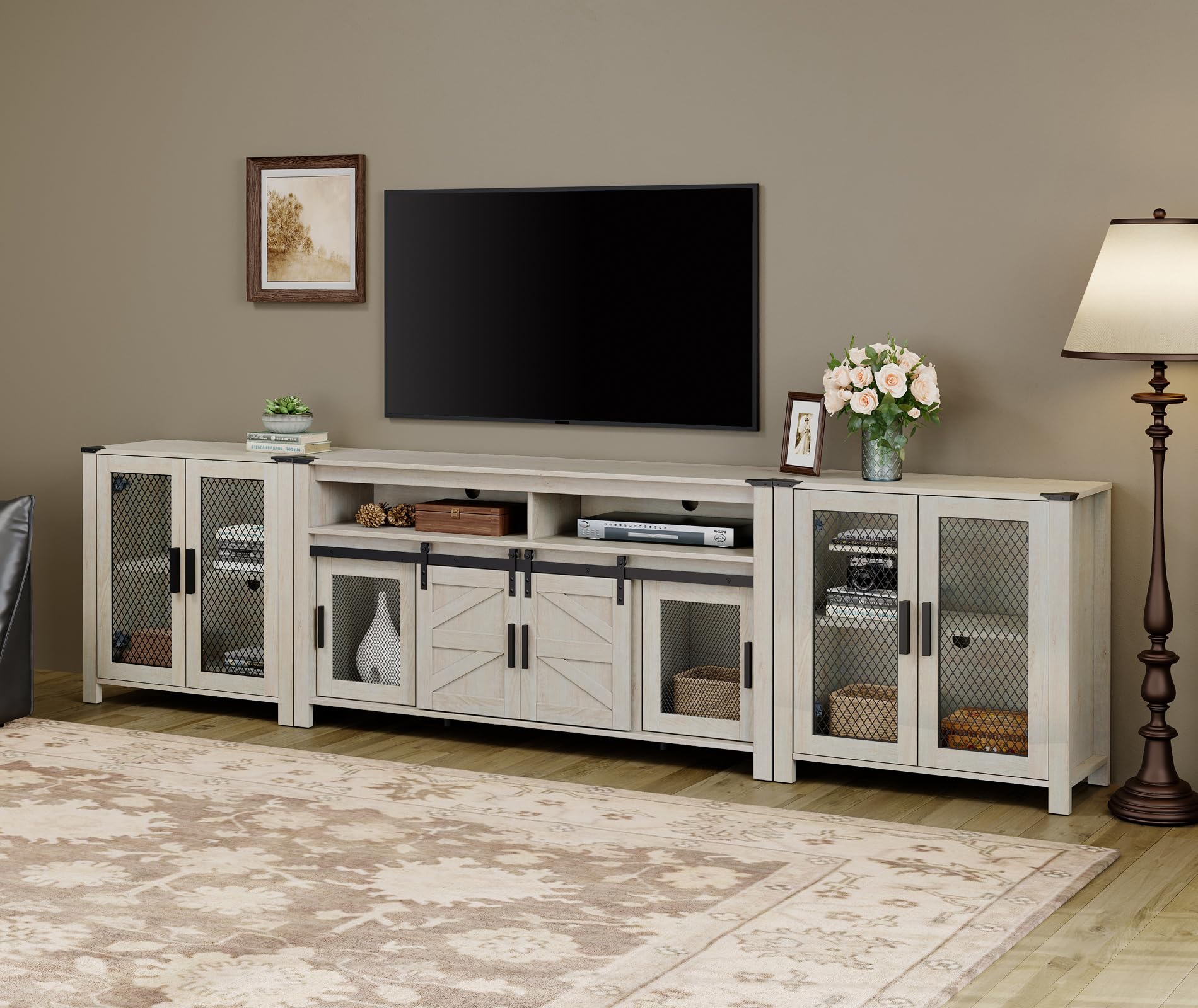 WAMPAT TV Stand and Sideboard set for Living Room,Door Storage Cabinet with Mesh,Farmhouse Storage Units with Open and Adjustable Shelf,Antique White