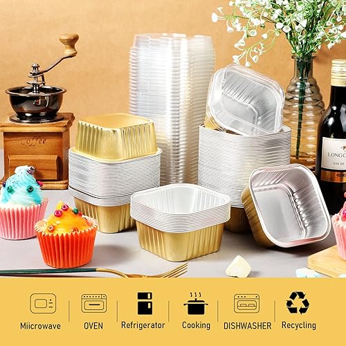 Miniatura 5 de 200 tazas de papel de aluminio para hornear de 5 onzas con tapas, recipientes de papel de aluminio de 5.1 fl oz para cupcakes, moldes desechables,