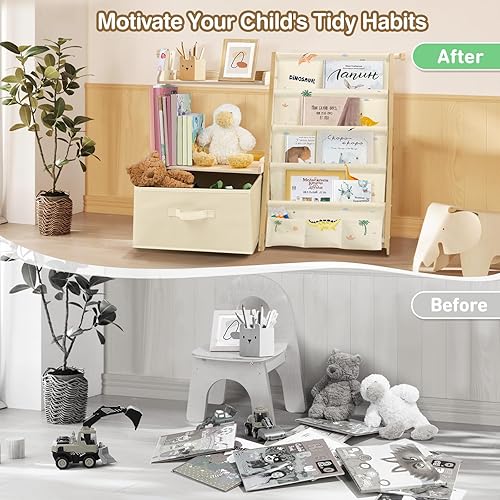 Miniatura 5 de Estantería para niños y organizador de juguetes 2 en 1, estante para libros para habitaciones de niños con cubo de juguetes móvil, estante de 4