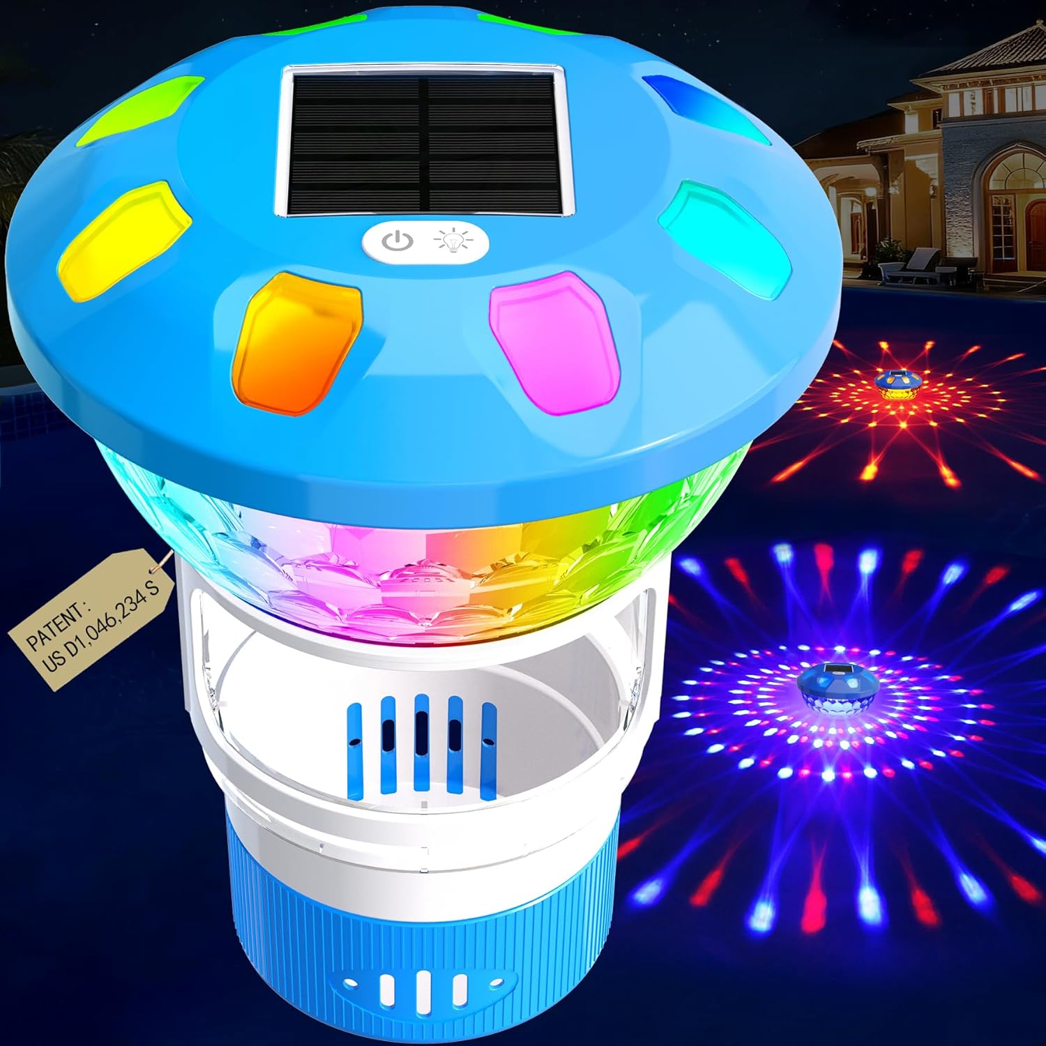 ChlorBlu2026 Upgrade Solar Chlorine Floater,Chlorine Floater with Colorful Lights,Buttons Control Floating Chlorine Dispenser for Pool,Adjustable Pool Chlorine Floater,Large Chlorine Pool Floater,Blue