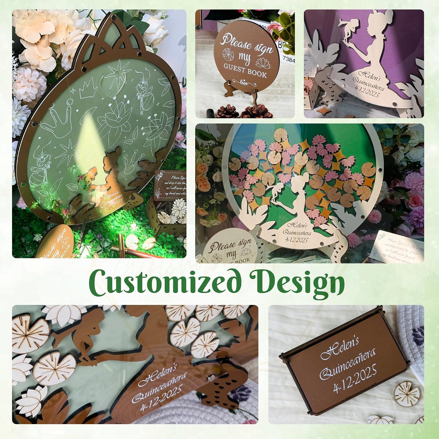 Quinceanera Guest Book Alternative, Sage Green Gold Drop Box Frame Sweet 15