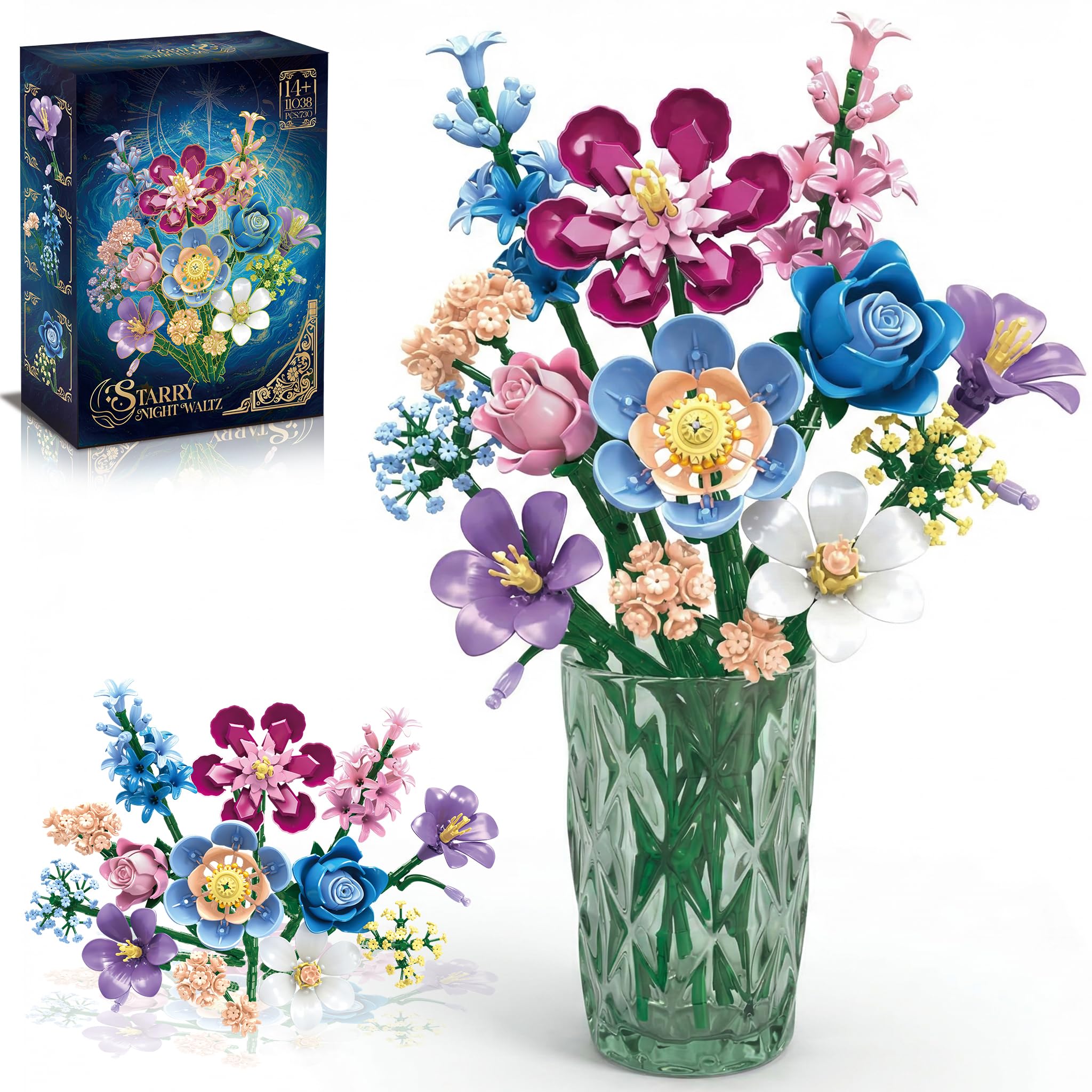 Bouquet de Fleurs à Construire pour Adultes & Ados 14+, Compatible avec Lego, 730 pièces Collection Botanique Nuit Étoilée avec Roses, Lys & Gypsophile, Décoration Maison & Bureau