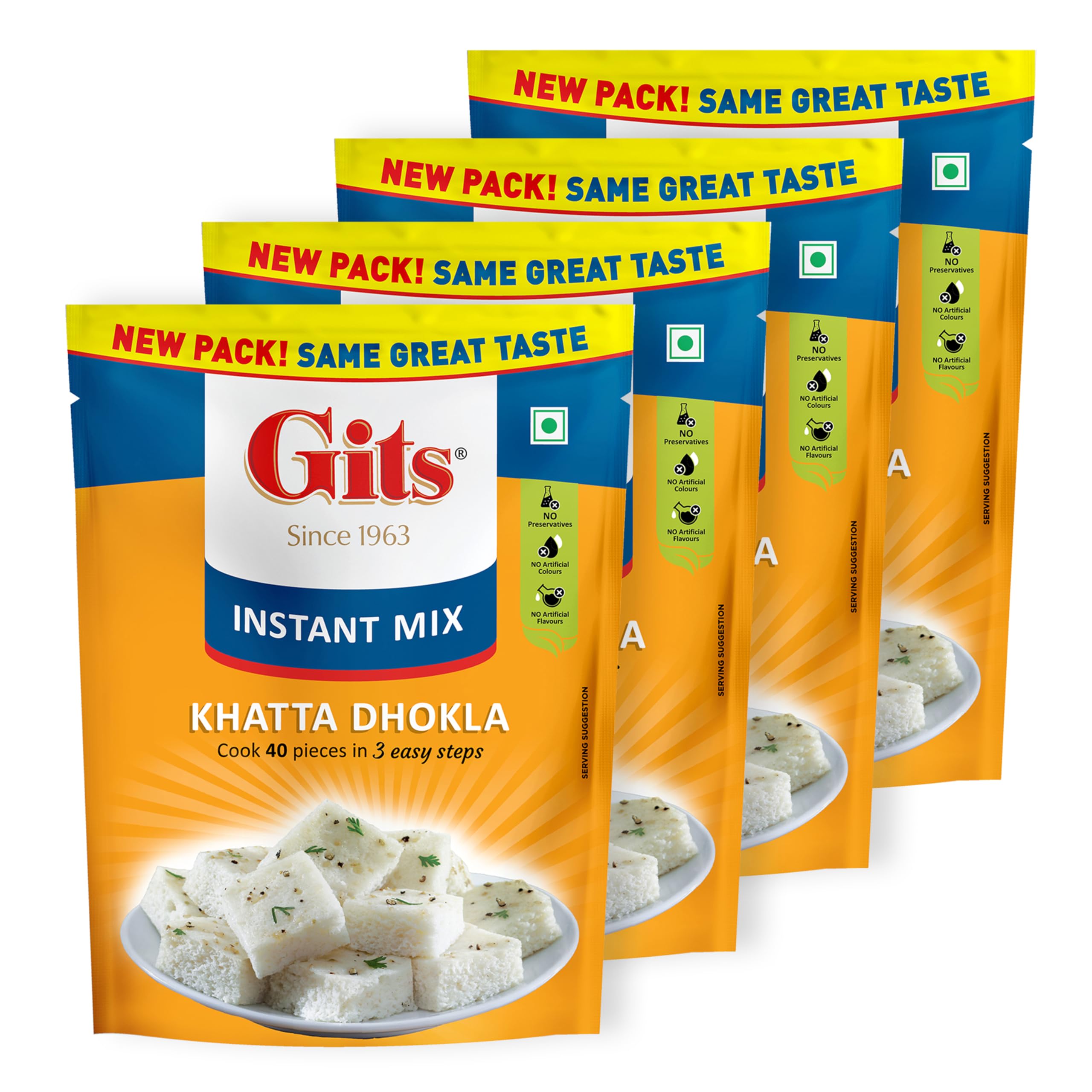 Gits Instant Khatta Dhokla Mix, Makes 40 Per Pack, Pure Veg, Instant Indian Snack Mix, 800g (Pack of 4, 200g Each)