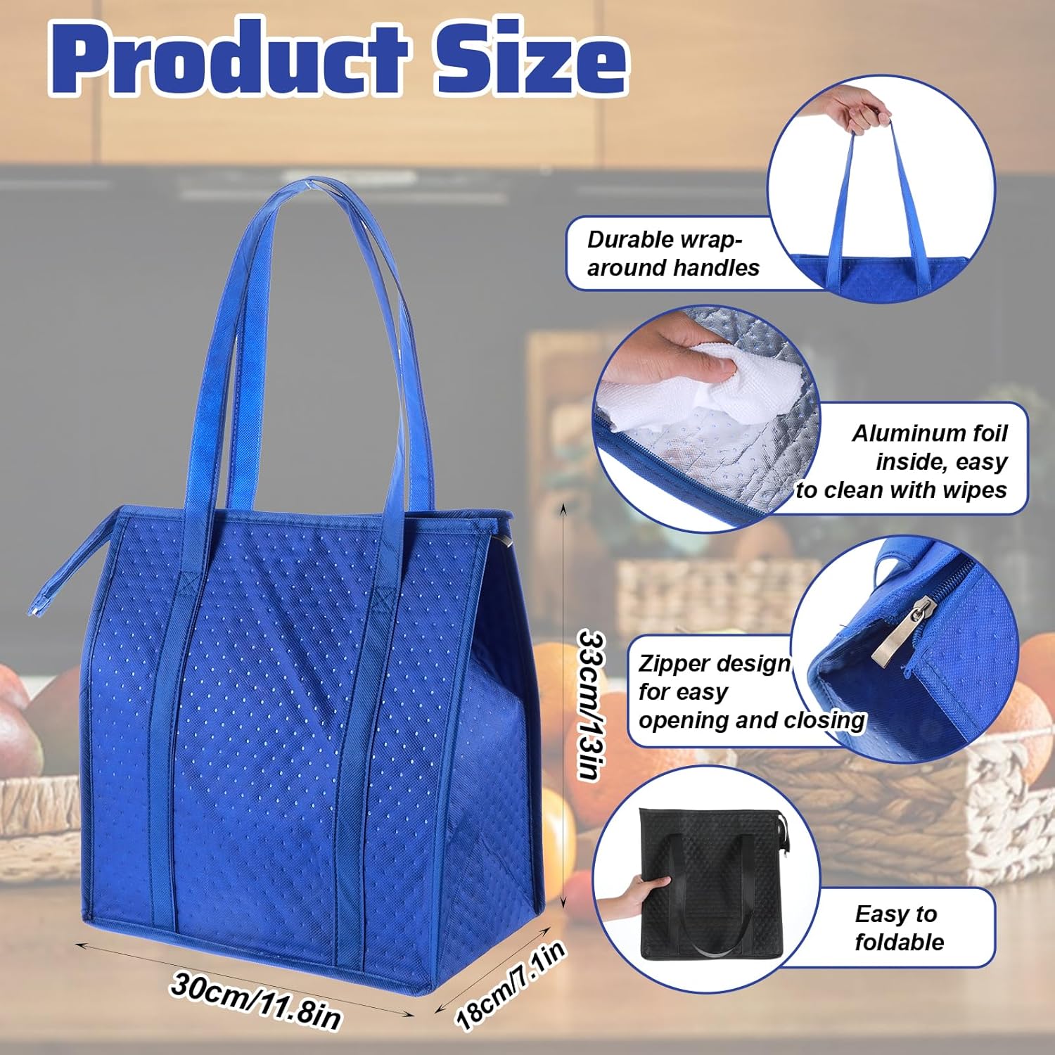 simarro 6Pcs Reusable Insulated Grocery Bags, Heavy Duty Large Insulated Shopping Bags For Groceries 13 x 12 x 7 inches Blue Black Cooler Bag Thermal Totes with Zipper for Groceries & Food Delivery - Image 4