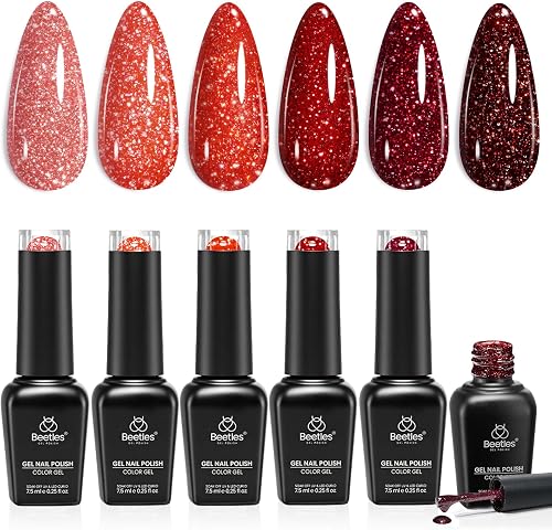 Beetles Red Gel Nail Polish Set, Fall Reflective Glitter Gel Polish