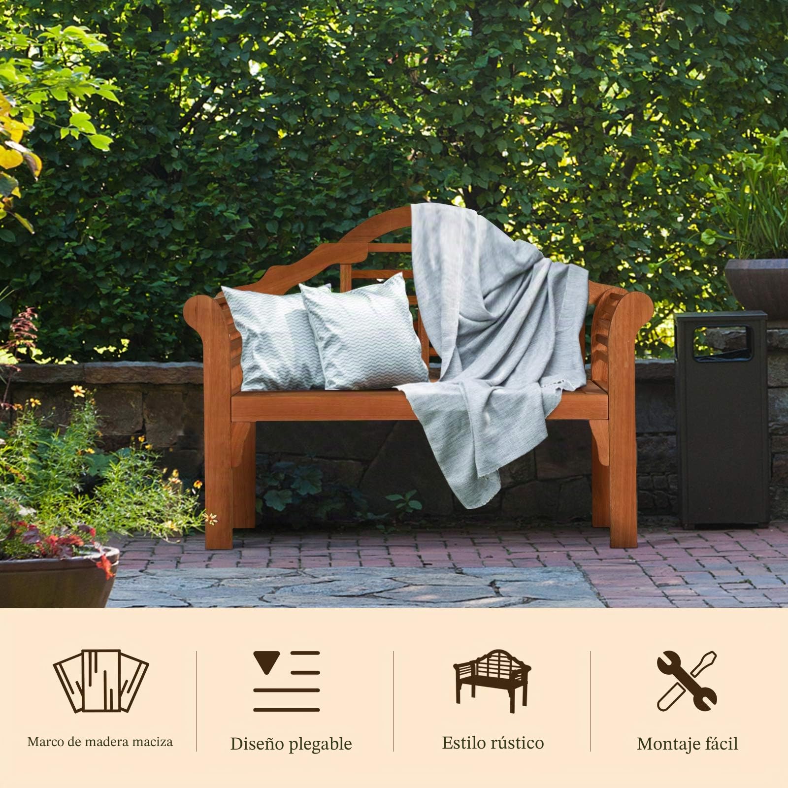 KOMFOTTEU Banco de Jardín Plegable de 2 Plazas de Madera de Acacia | Silla de Parque Ergonómico con Reposabrazos y Respaldo, Carga de 360 kg, para Terraza, Balcón