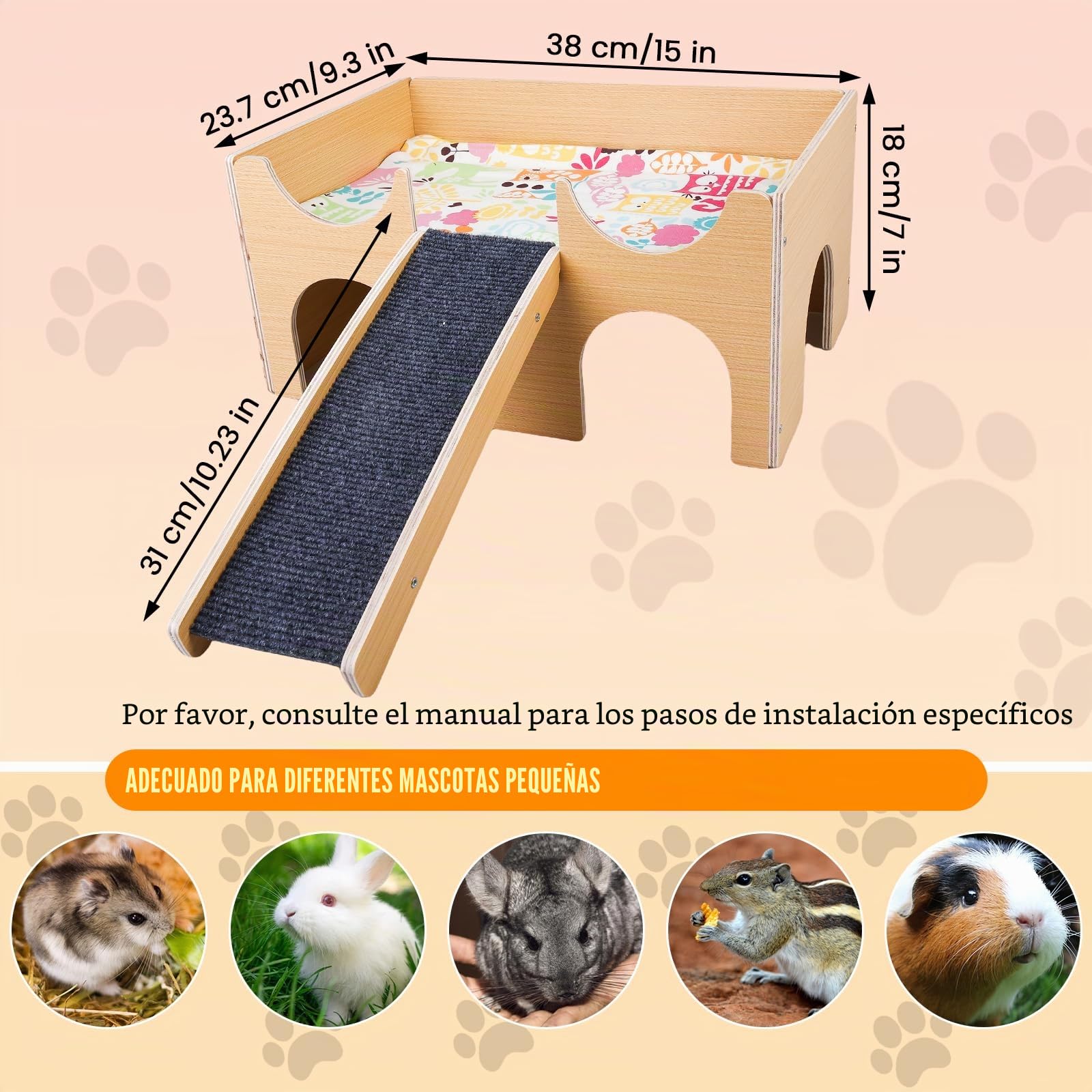 Casa para Cobayas de Madera Maciza con Rampa y 3 Entradas: 38 x 24 x 18 cm, para Conejos Natural, Accesorios para Cobayas, Ratas, Hámsteres y Animales Pequeños