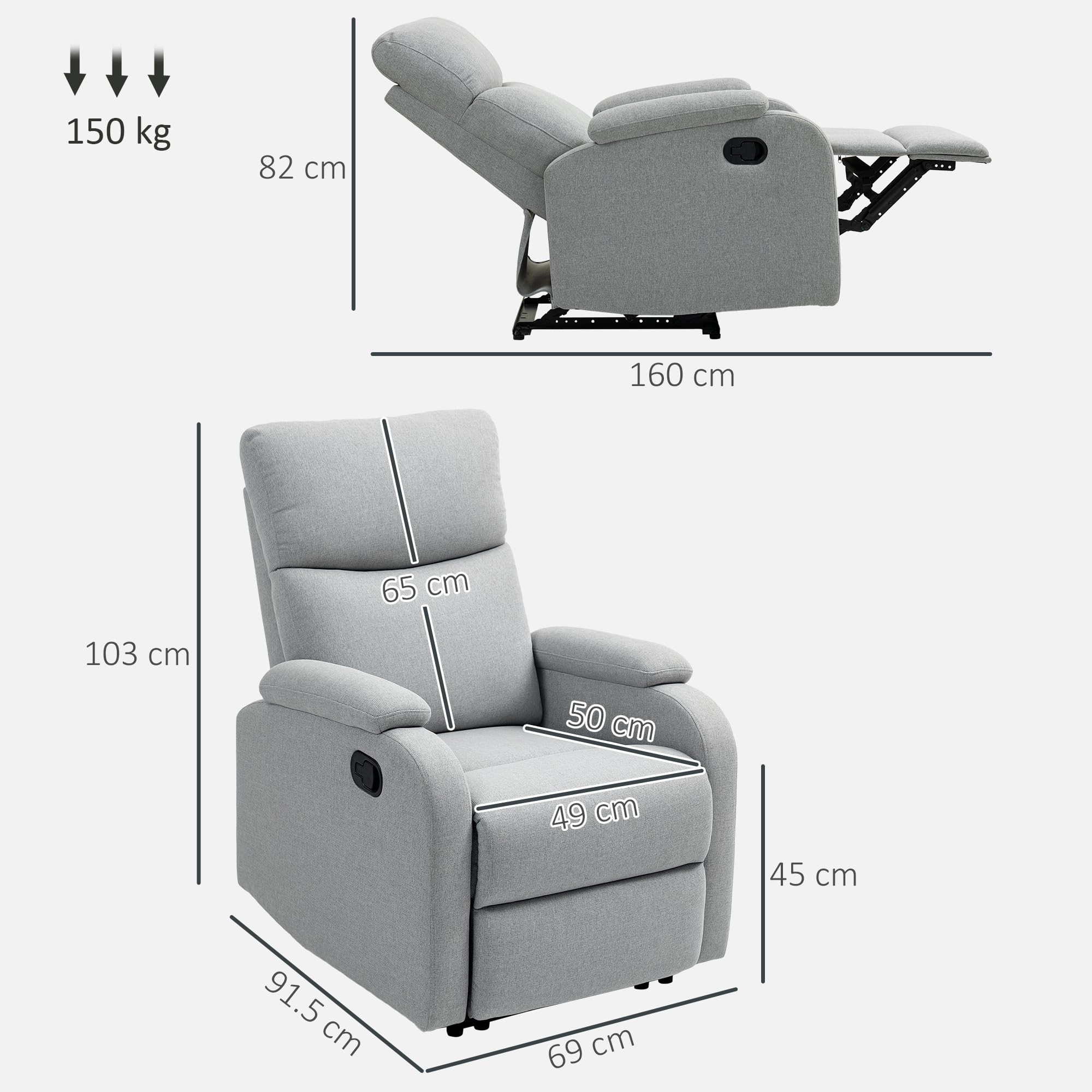 HOMCOM Poltrona Relax Reclinabile Manuale 60° con Poggiapiedi Grigio | Poltroncina Reclinabile , Schienale Imbottitura Spessa, in Tessuto, Camera da Letto, Salotto, Soggiorno