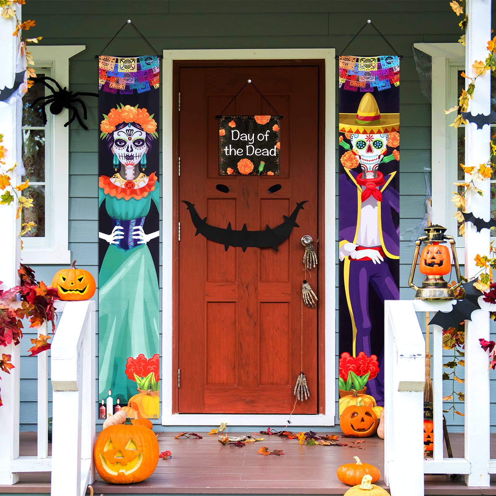 2 Pcs Day Of The Dead Porch Sign Hanging Wall Door Banner Polyester Mexican Decorations For