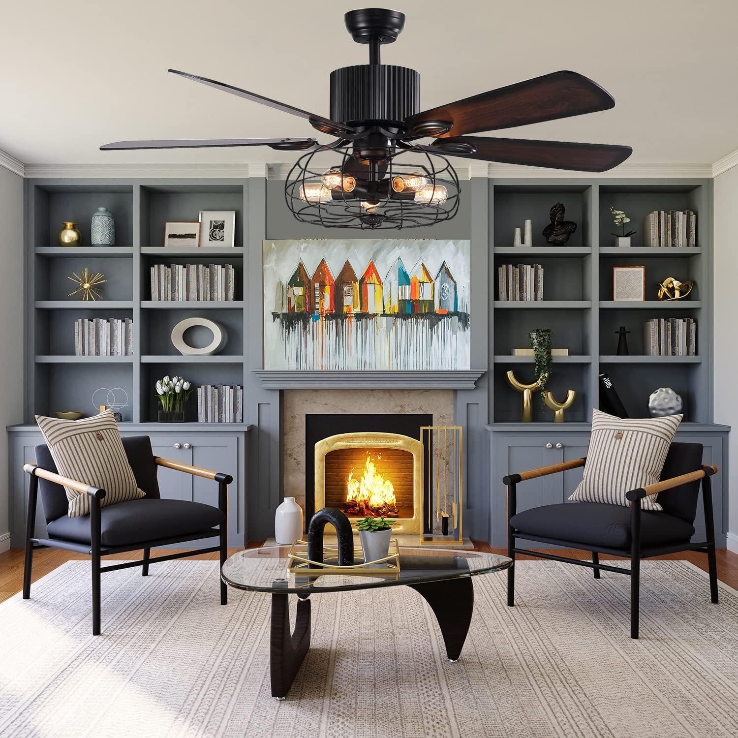 Retro Industrial Ceiling Fan with 5 Light Base and 5 Wooden Blade, 52" Reversible Chandelier Ceiling Fans for Farmhouse Living Room Bedroom Restaurant Rustic Style