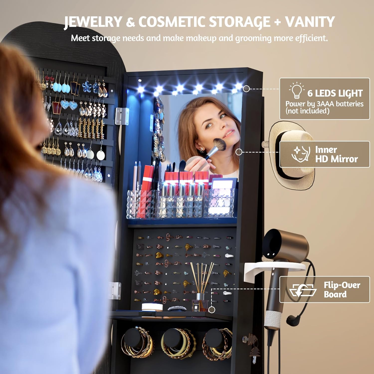 Vlsrka 360° Swivel Jewelry Aromire with Wavy Mirror, Lockable Jewelry Organizer Mirror Full Length, Rotatable Standing Mirror with Storage, Jewelry Cabinet, Interior Mirror, Flodable Shef, Black