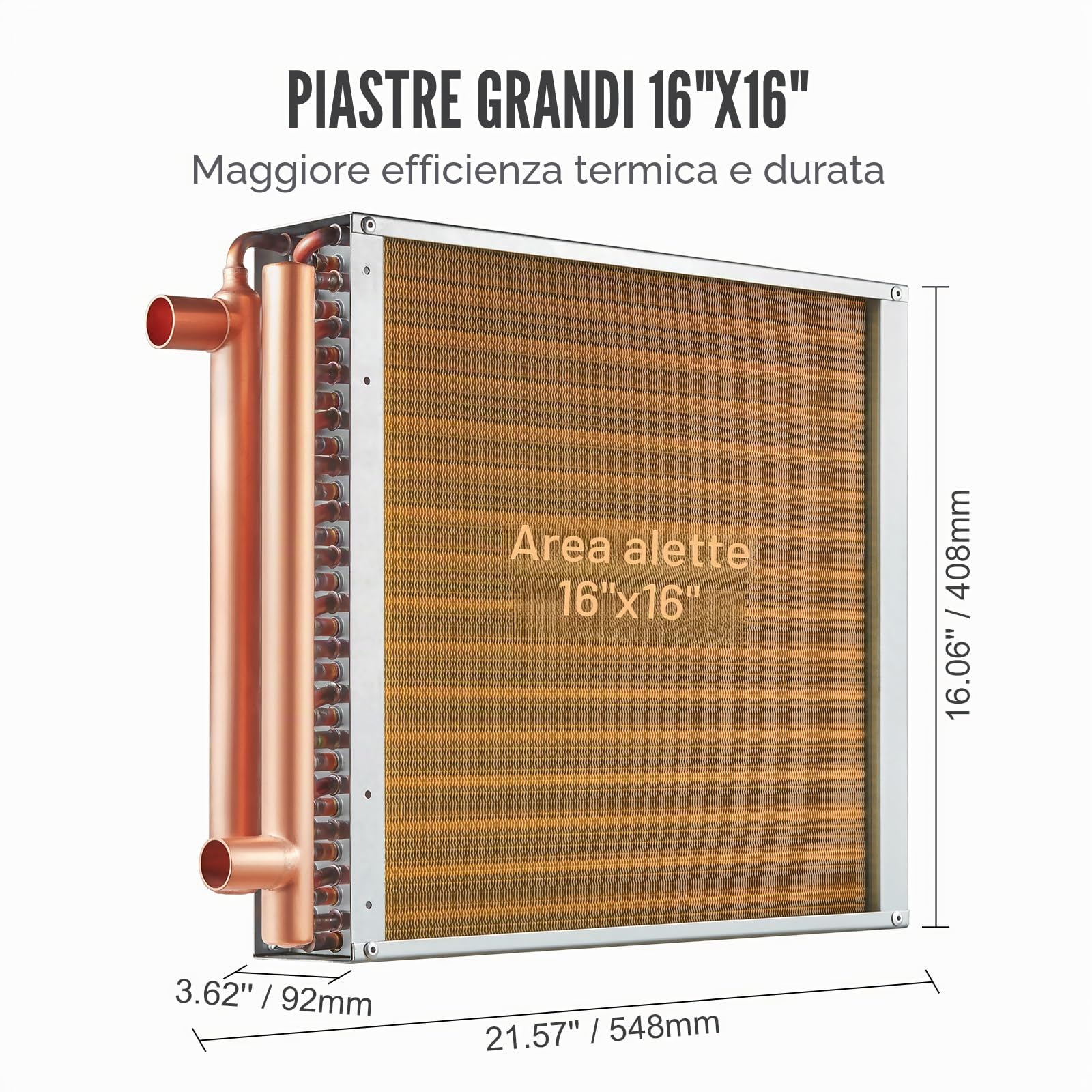 VEVOR Scambiatore di Calore Acqua-Aria, con Alette in Alluminio 242 per Forni a Legna Esterno, Riscaldamento e Raffreddamento Residenziale ad Aria Forzata Porte Rame 3 File 9,53 mm 40,64 x 40,64 cm