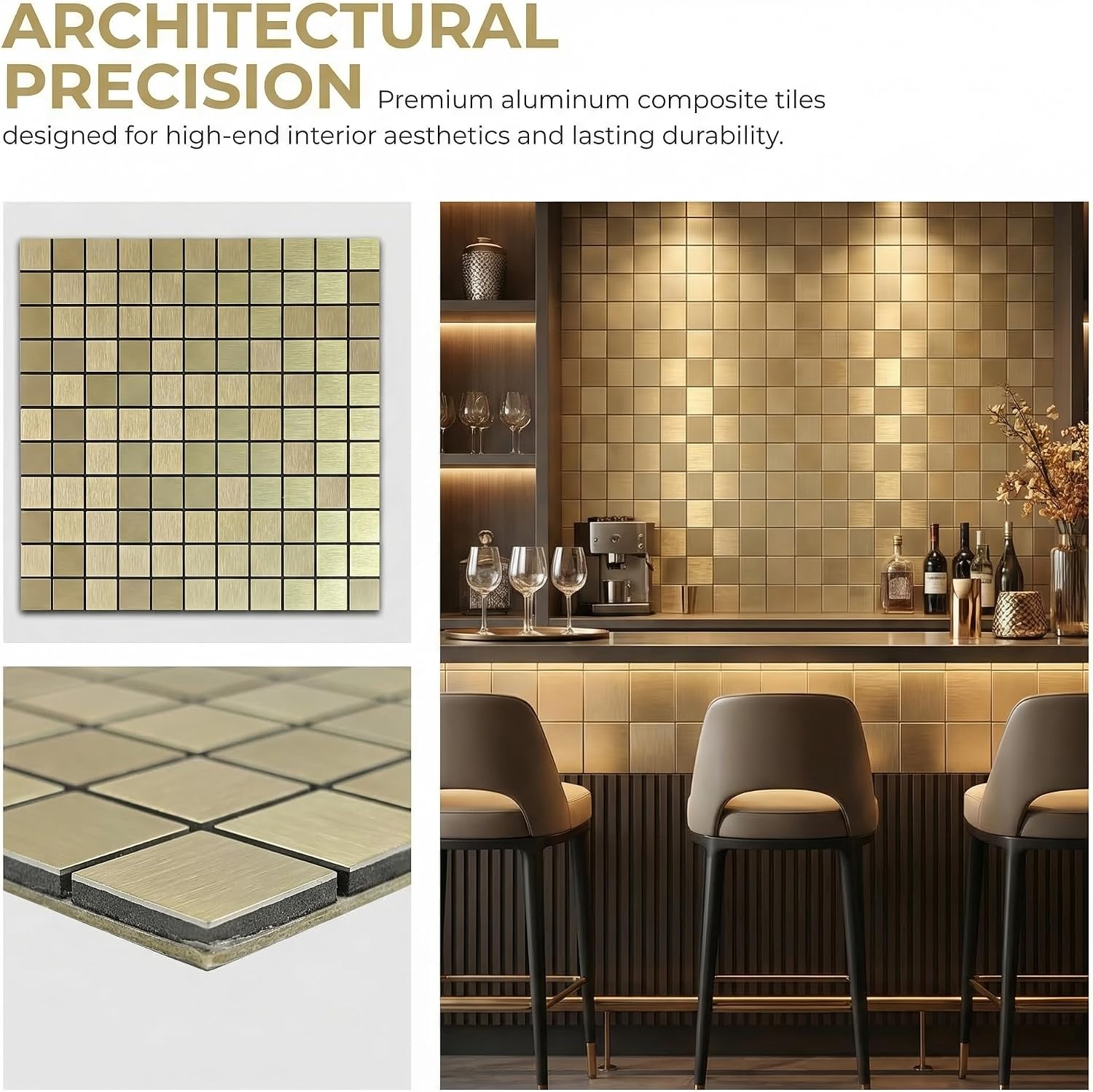 10pcs Waterproof Non-Slip Mosaic Wall Stickers, Heat-Resistant Self-Adhesive Tiles, Easy Cut & Peel for Kitchen Bathroom Bedroom Living Room (10, Golden)