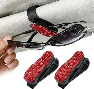 Glasses Holder for Car Sun Visor, Fashion Bling Auto Sunglasses Hanger Mount w/Ticket Card Clip, Crystal Rhinestones Vehicle Eyeglasses Holder Clip Hanger for Women Girls (Red)
