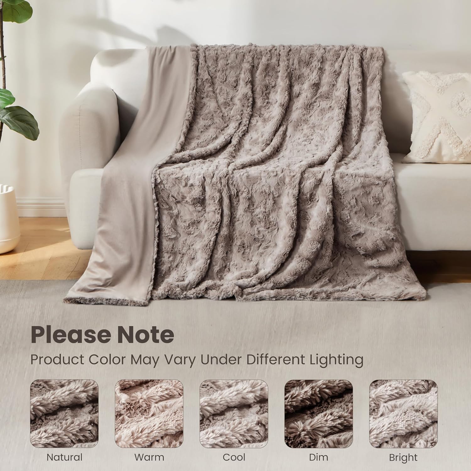 Sophia & William Light Brown Faux Fur Textured Throw Blanket for Couch - Soft Throws for Chairs, Hypoallergenic Fabric with Rumpled Floral Pattern Seasons (50×60", Light Brown)