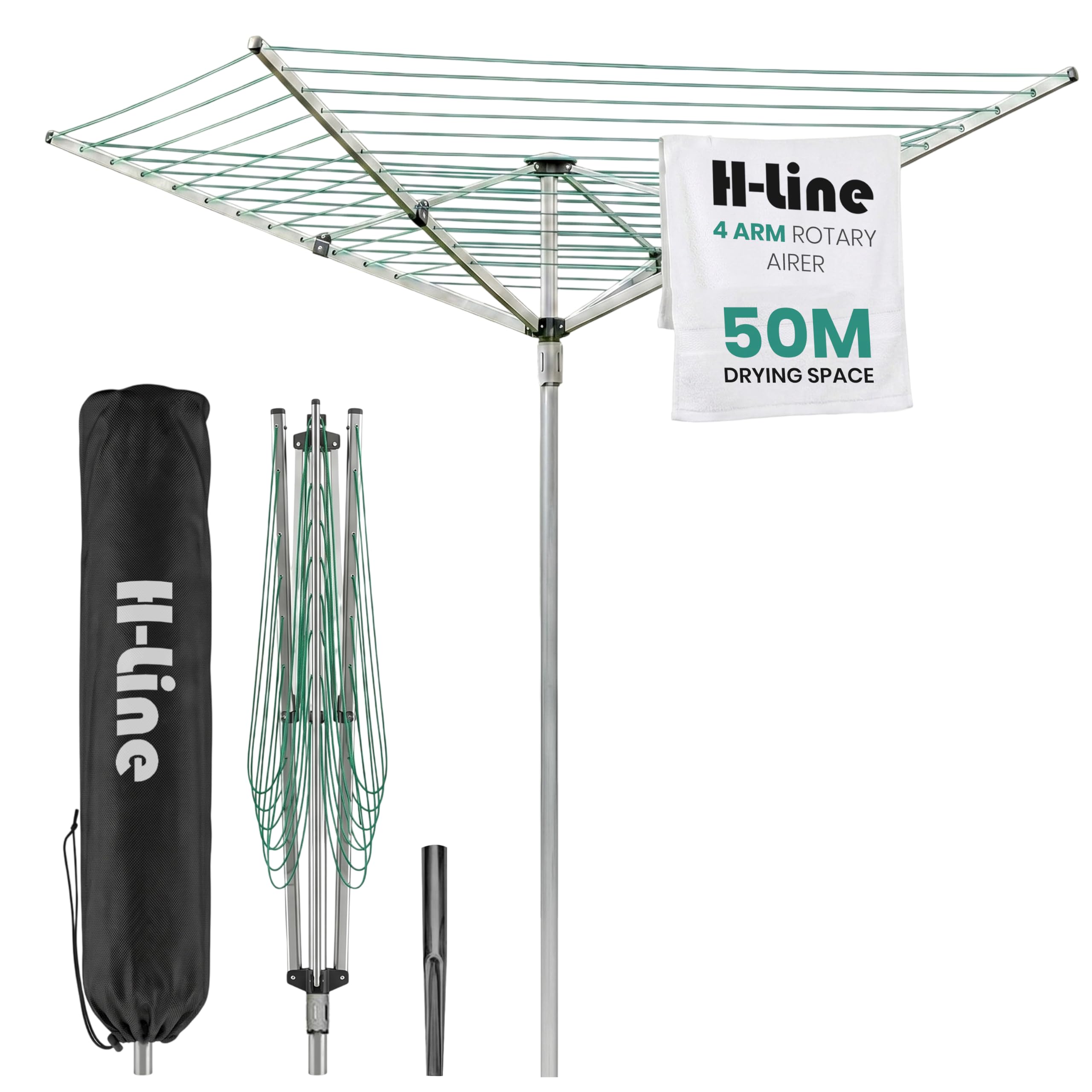 H-LINE 4 Arm 50M Rotary Washing Line Airer Outdoor Clothes Line Garden Laundry Clothes Airer Non-Slip Lining Foldable Garden Rotary Dryer Rotary Airer