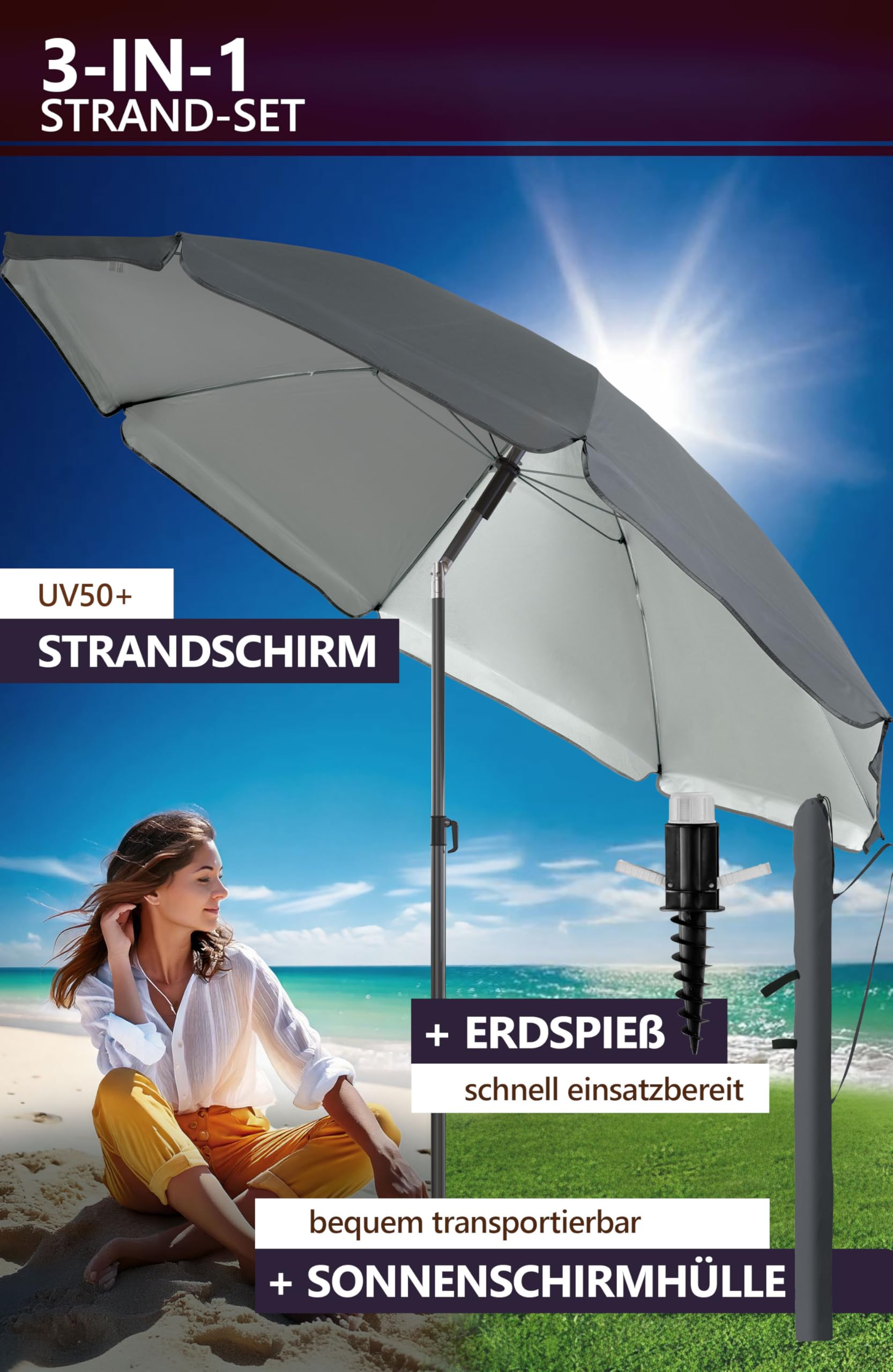 4smile Sunnyjoy Sonnenschirm Strand 3-IN-1 Set - Strandschirm windfest stabil, UPF 50+ Sonnenschirm Strand - Robuster Strandschirm mit Bodenhülse & Schutzhülle, Ø 200 cm, Fb. Anthrazit