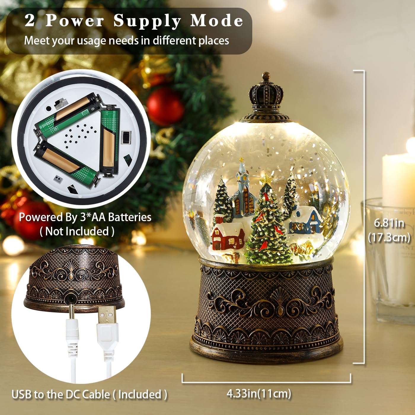 Boule à neige de Noël de 100 mm avec musique et fontaine Lanterne de Noël Décorations Village enneigé avec grand sapin de Noël Double mode d'alimentation : USB et piles
