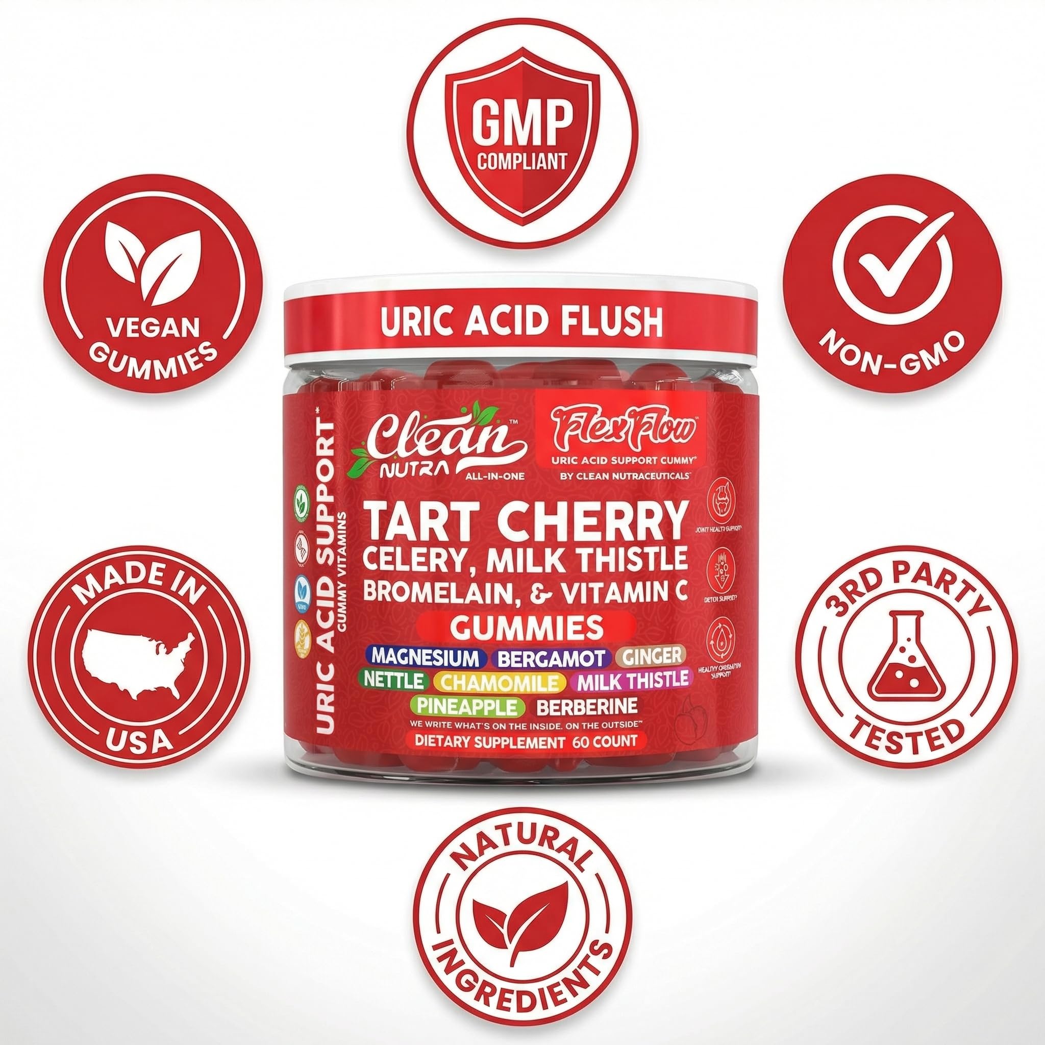 Clean Nutra Tart Cherry Gummies Uric Acid Flush Celery Milk Thistle Bromelain Vitamin C Magnesium Citrus Bergamot Ginger Stinging Nettle Leaf Chamomile Berberine Quercetin Support 60 Gummy Vitamins — Amazon image 8