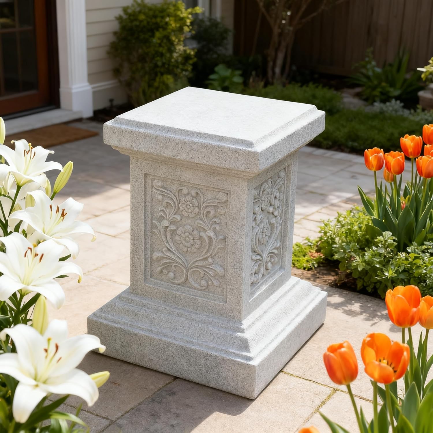 Large Resin Garden Pedestal Sculpture Base, Geometric Resin Pedestal Sculpture Base, Rosette Indoor Outdoor Sculptural Garden Plinth Base, Suitable For Courtyard And Home Decoration