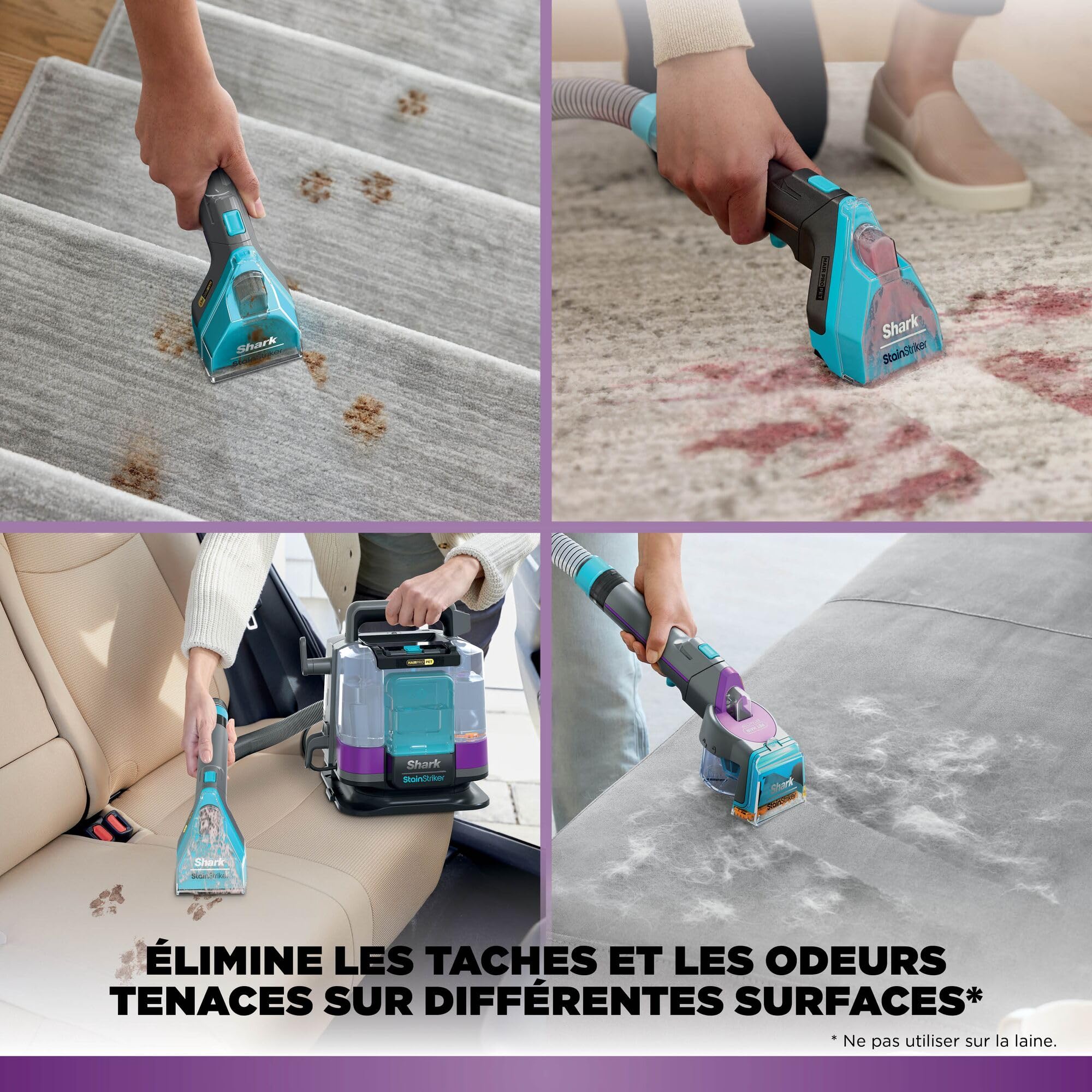 Shark StainStriker HairPro spécial animaux, Aspiration 450 W, Extracteur de poils, Élimine taches et odeurs, Léger et portable, Inclus : 4 accessoires et 2 formules de nettoyage PX250EUT