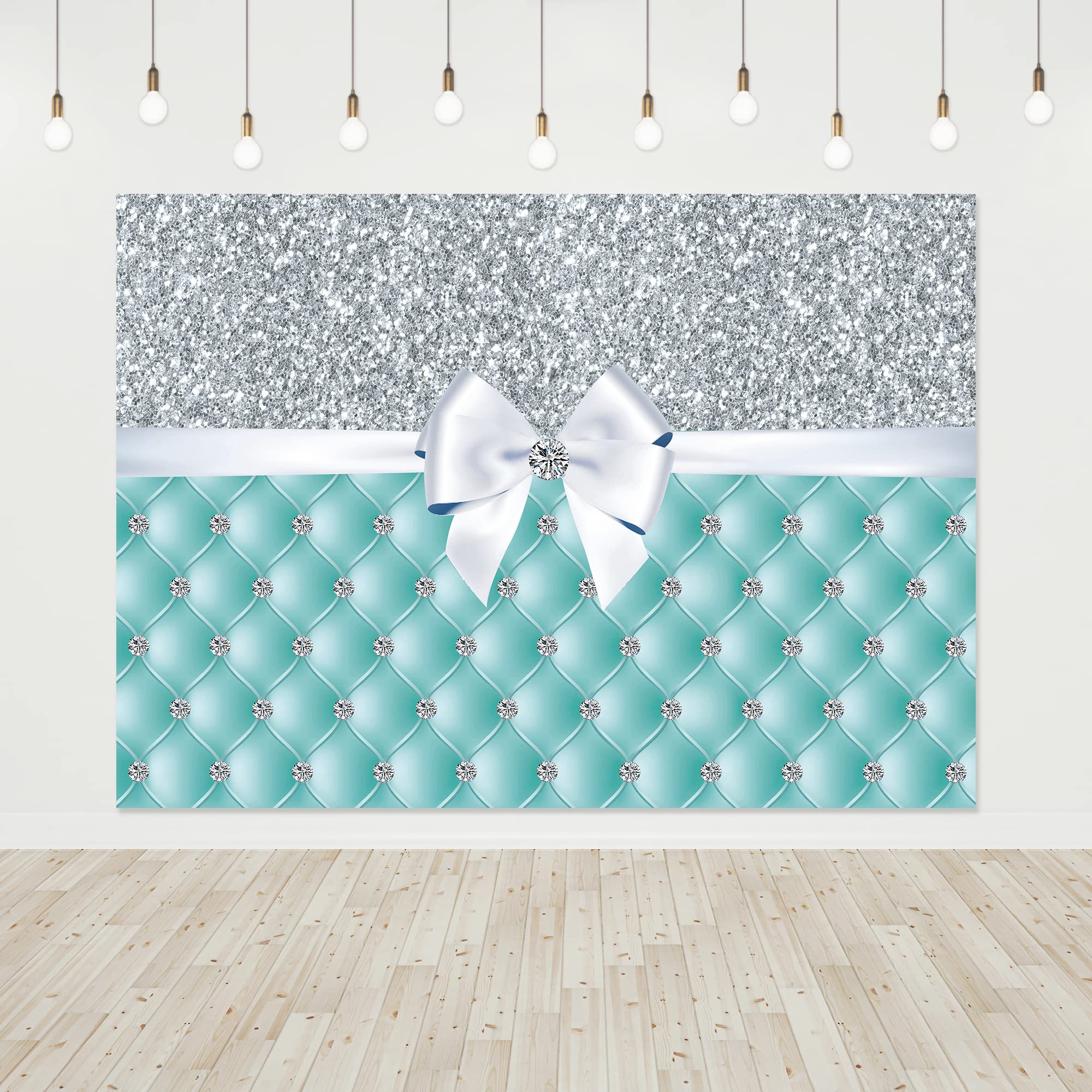 Riyidecor Breakfast Silver Blue Diamonds Bowknot Backdrop 7x5 Feet Teal