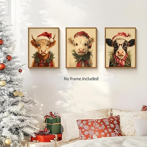 Miniatura 3 de Goipwss 3 piezas de arte de pared en lienzo navideño, imágenes únicas de vaca de las tierras altas, decoración de Navidad, decoración del hogar de