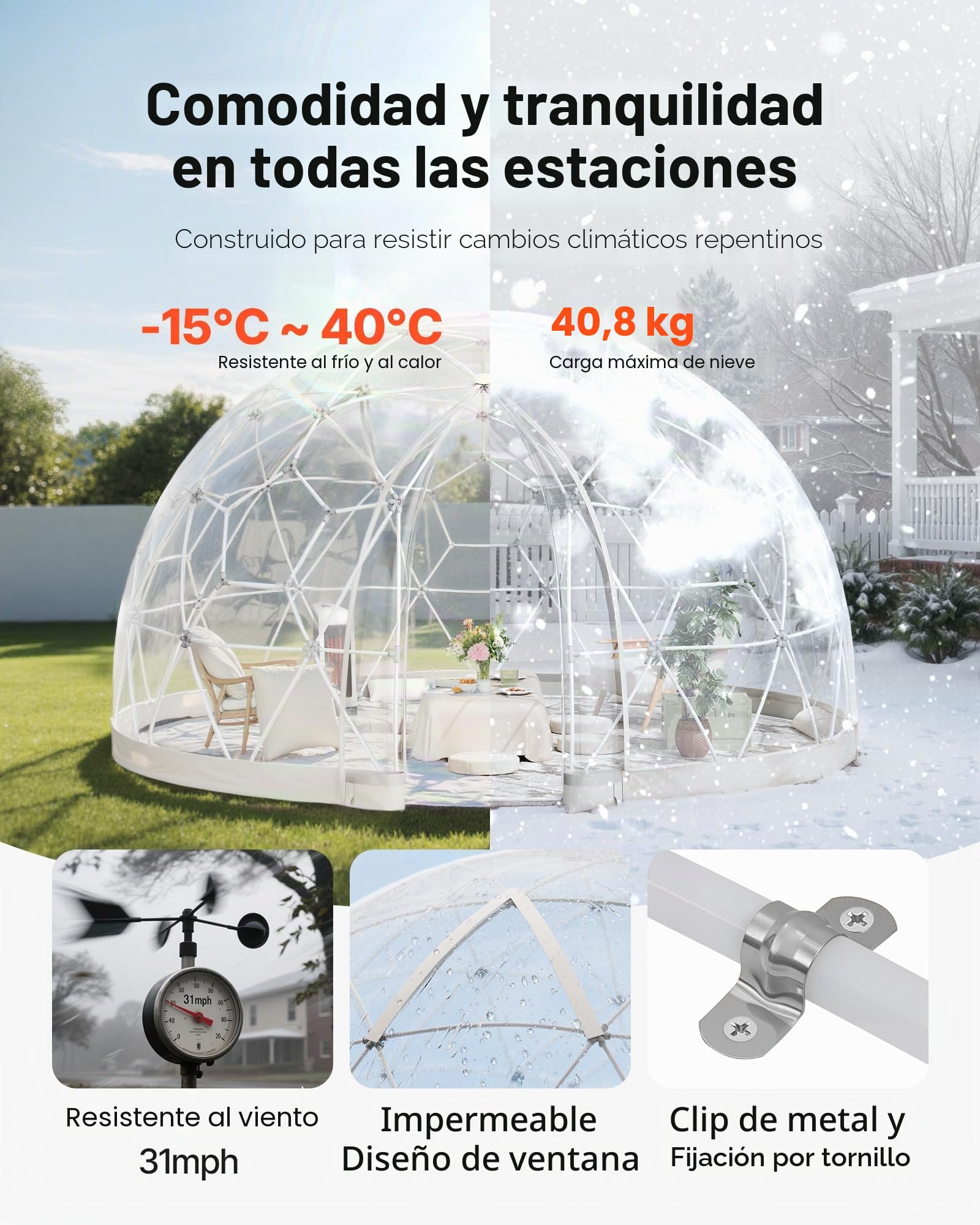 VEVOR Tienda de Campaña con Cúpula de Burbujas, 360 x 220 cm Tienda de Campaña Transparente de PVC para 4-7 Personas con Ventana para Exterior, Camping, Patio, Jardín, Fiesta, Cumpleaños, Boda