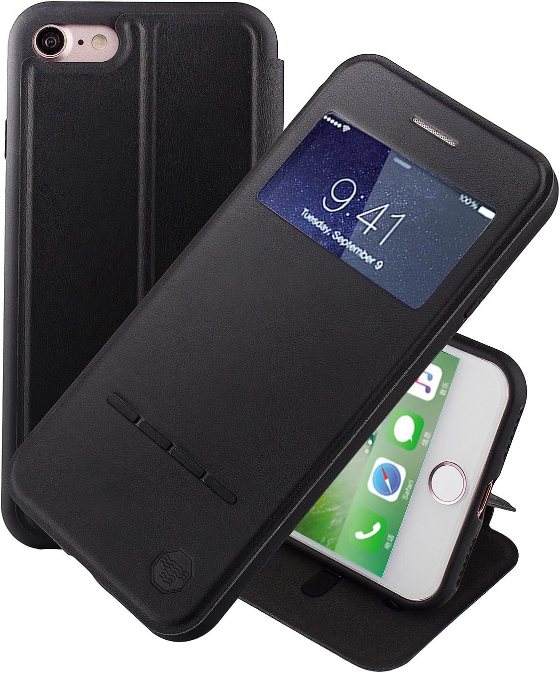 NOUSKE Swipe Case for iPhone 7 with Stand/Window View/Magnetic Closing/TPU bumper/Flip Full Cover Black