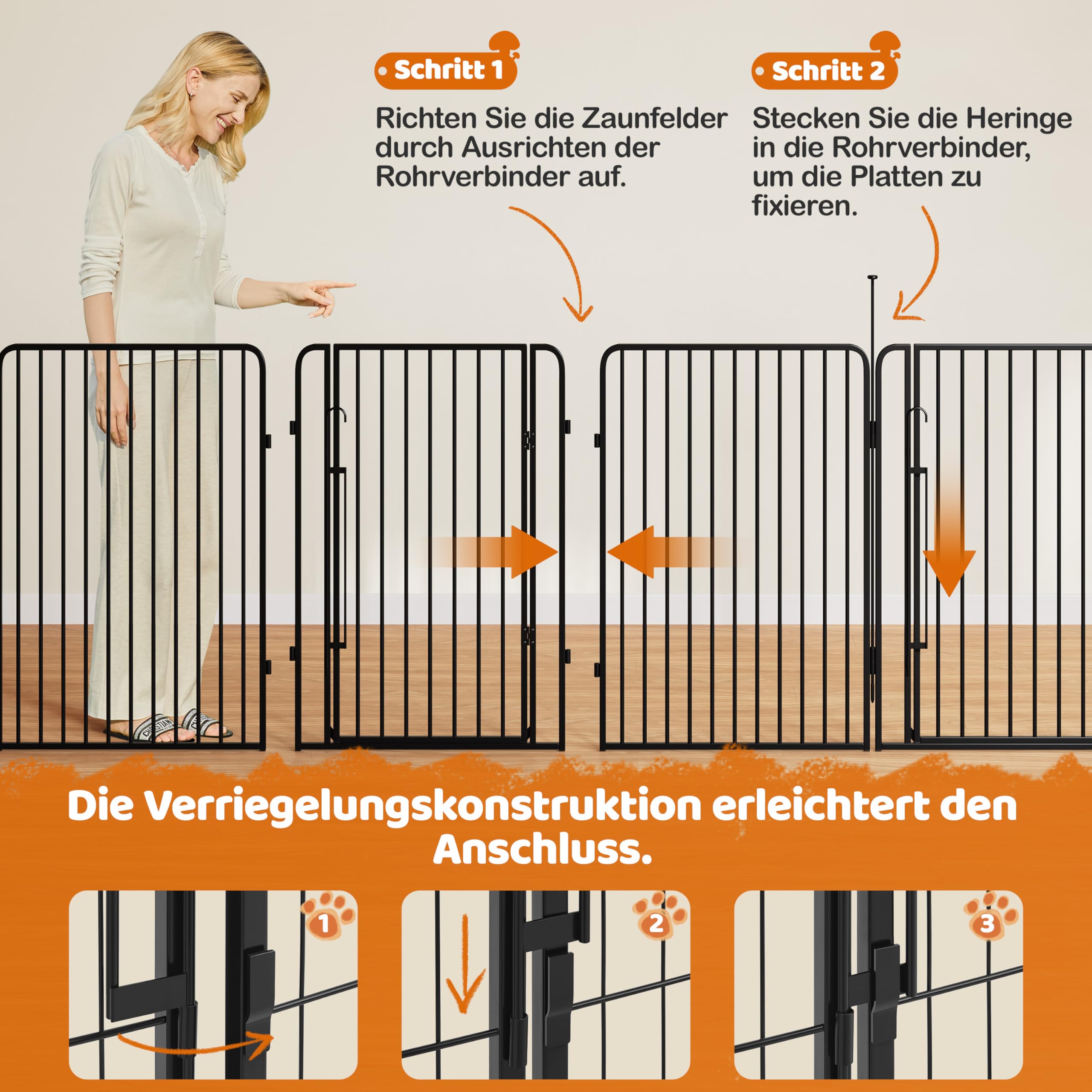 Yaheetech Welpenauslauf 6-teilig 100cm hoch, Welpenlaufstall mit integriertem Schloss, Geräuscharme Rohre, Bodenschoner, 8 mm Verstärkte Metalldrähte, Hundelaufstall für Wohnung & Garten