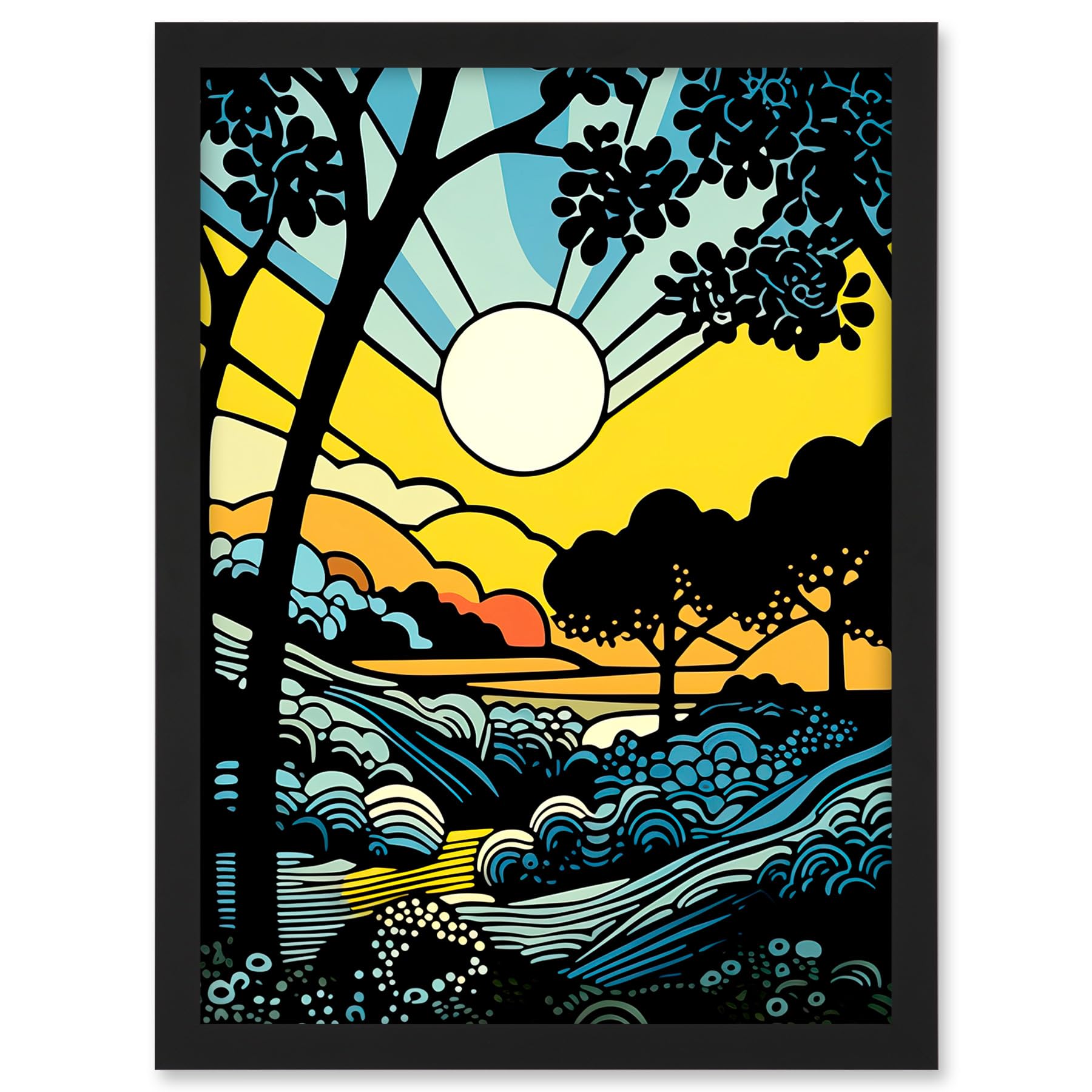 Artery8 Forest Sunrise Landscape Sun Rays Patterns Blue Orange Pop Art Comic Book Halftone Artwork Framed A3 Wall Art Print