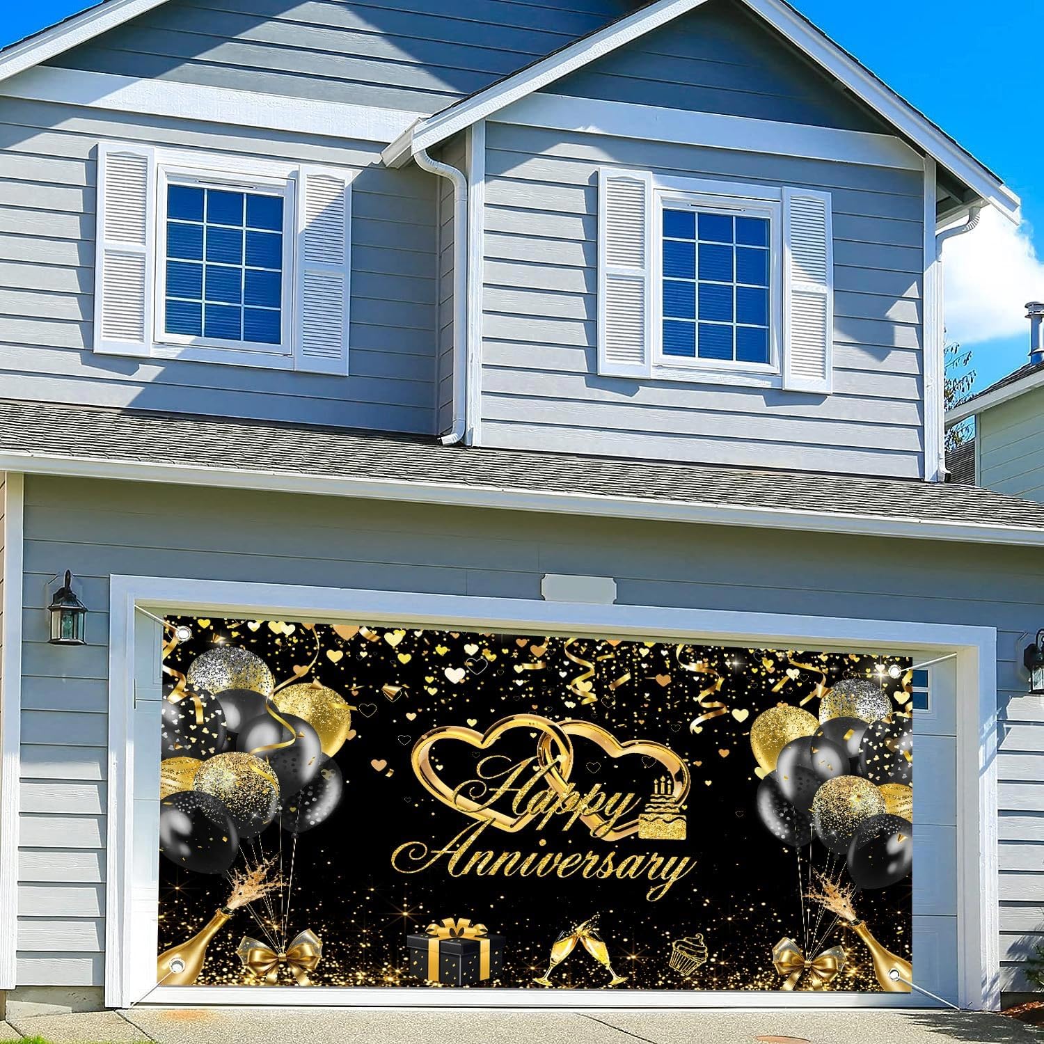 16X7FT Happy Anniversary Garage Door Banner Cover Glitter Black and Gold Balloons Wedding Anniversary Party Garage Buddy Decorations Backdrop Gold Heart Outdoor Party Decor