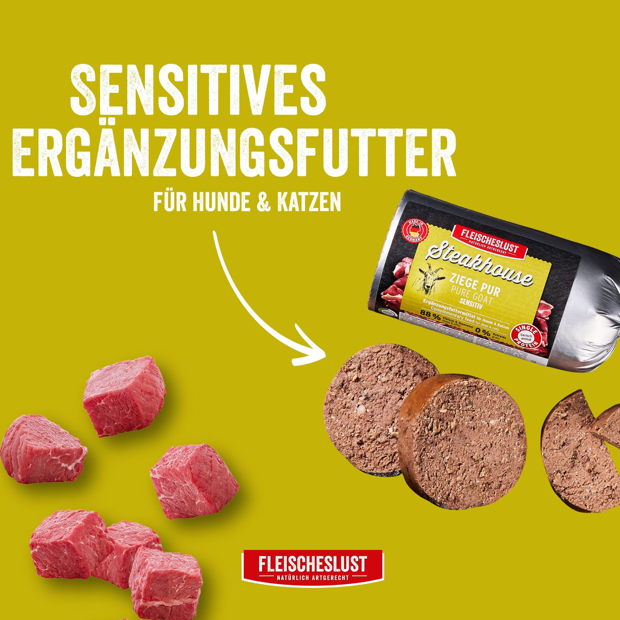Steakhouse Ziege pur (12x500g), Nassfutter für Hunde & Katzen, sensitives Ergänzungsfutter, Monoprotein, getreidefrei, 14x Wurst von Fleischeslust