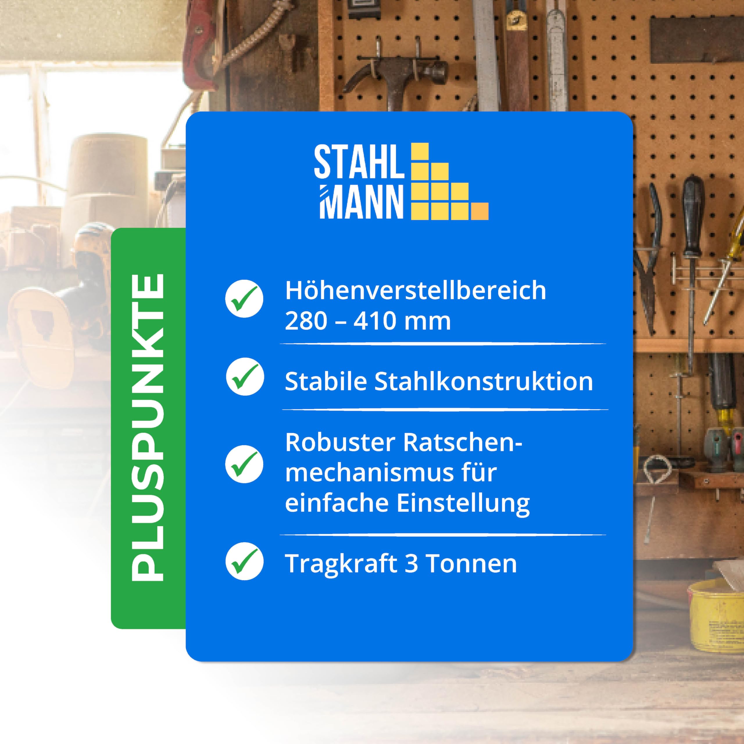 Stahlmann® Unterstellbock 3T Tragkraft im 2er Set – Höhenverstellbar 28–42,5 cm mit Sicherungssplint – Robuste Gusseisen Wagenheber Stützböcke für PKW, SUV & Kleintransporter (4 Stück / 6 Tonnen)