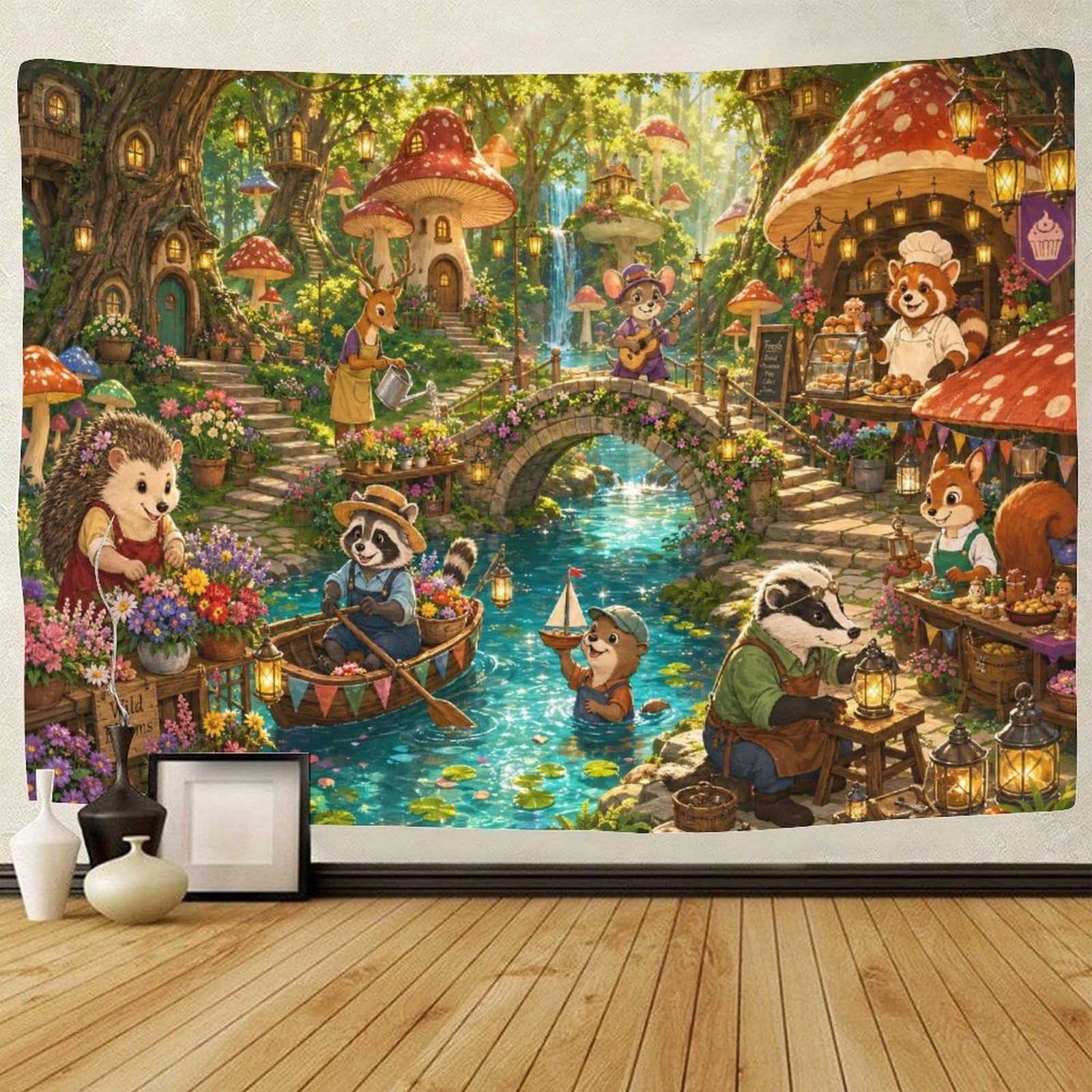 GPMNBCXZK Mushroom Village Animals 3D Print Tapestry for Bedroom Wall Hanging Decor Tapestries Poster Curtain Bedroom Dorm 150cmx200cm