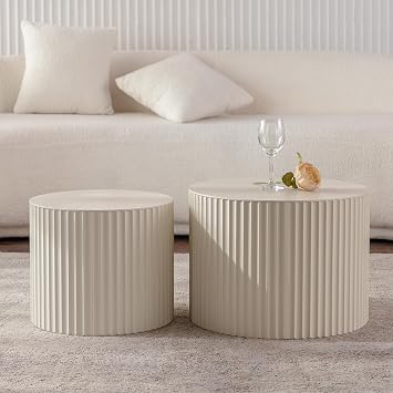 Round Nesting Coffee Table Set of 2 Modern Wooden Small Coffee Tables Circle Drum Accent Side End Table for Small Space Living Room Bedroom,No Need Assembly19+15 Beige