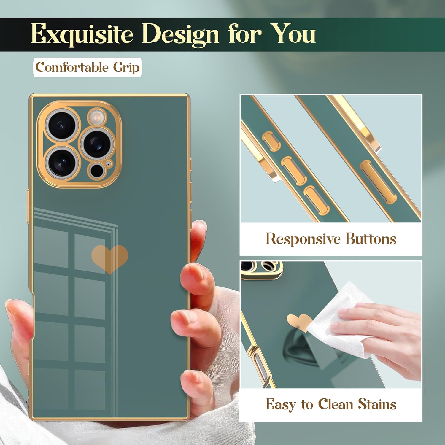 Case for iPhone 14 Pro Max - Rectangle Design, Full Camera Protection, Cute Heart Pattern, Electroplated Reinforced Corners, Shockproof Edge Bumper,Compatible with iPhone 14 Pro Max,Blue Gray - Image 4