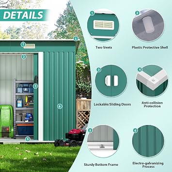 Garden Shed Outdoor Sheds Green, 8 x 4 ft Metal Garden Storage Shed Outdoor Storage Sheds with Base and Double Sliding Doors for Backyard Lawn Manor