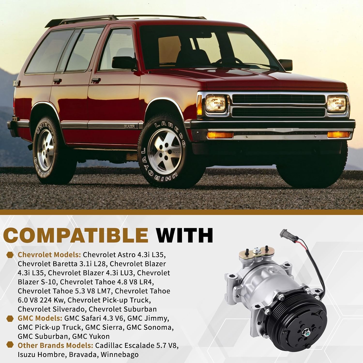 15-22124A AC Compressor Compatible with Chevrolet Tahoe GMC Cadillac Tahoe Suburban C1500 C2500 C3500 Suburban K2500 K3500 Suburban 1996-2000 Replace 1522124A 19188299