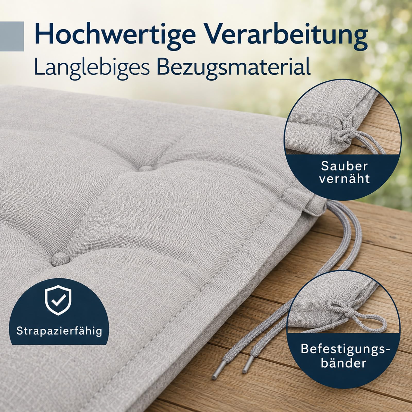 BURI 4 cojines para silla de jardín de 117 x 49 x 6 cm, resistente a la intemperie, con núcleo de espuma y vellón completo, cinta de sujeción y lazos, cómodo cojín para silla para balcón, terraza y