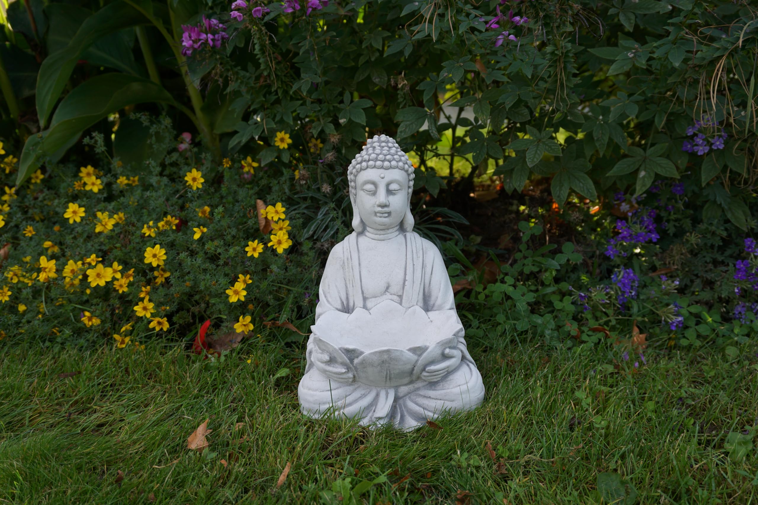 gartendekoparadies.de Statue en Pierre Massive de Bouddha avec Bol de Moine, Hauteur 30 cm, Bol : 13 x 7 x 4 cm, Gris, Poids 6 kg, Pierre coulée résistante au Gel