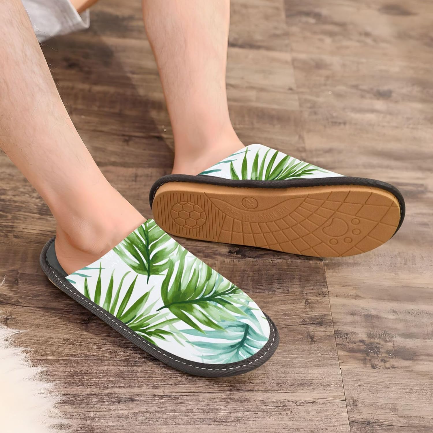 Green Leaves House Slippers – Cozy Fuzzy Slippers for Guests, Washable & Disposable, Perfect for Shoeless Home, Spa & Hotel Use A110609